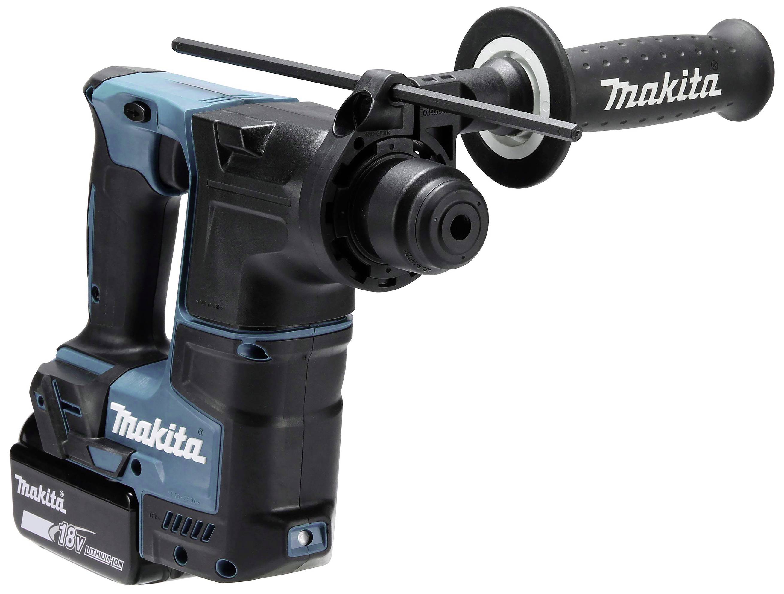 Akkubohrhammer von Makita mit zusätzlichem Handgriff und 18V-Batterie, geeignet für leistungsstarke Bohr- und Meißelarbeiten.