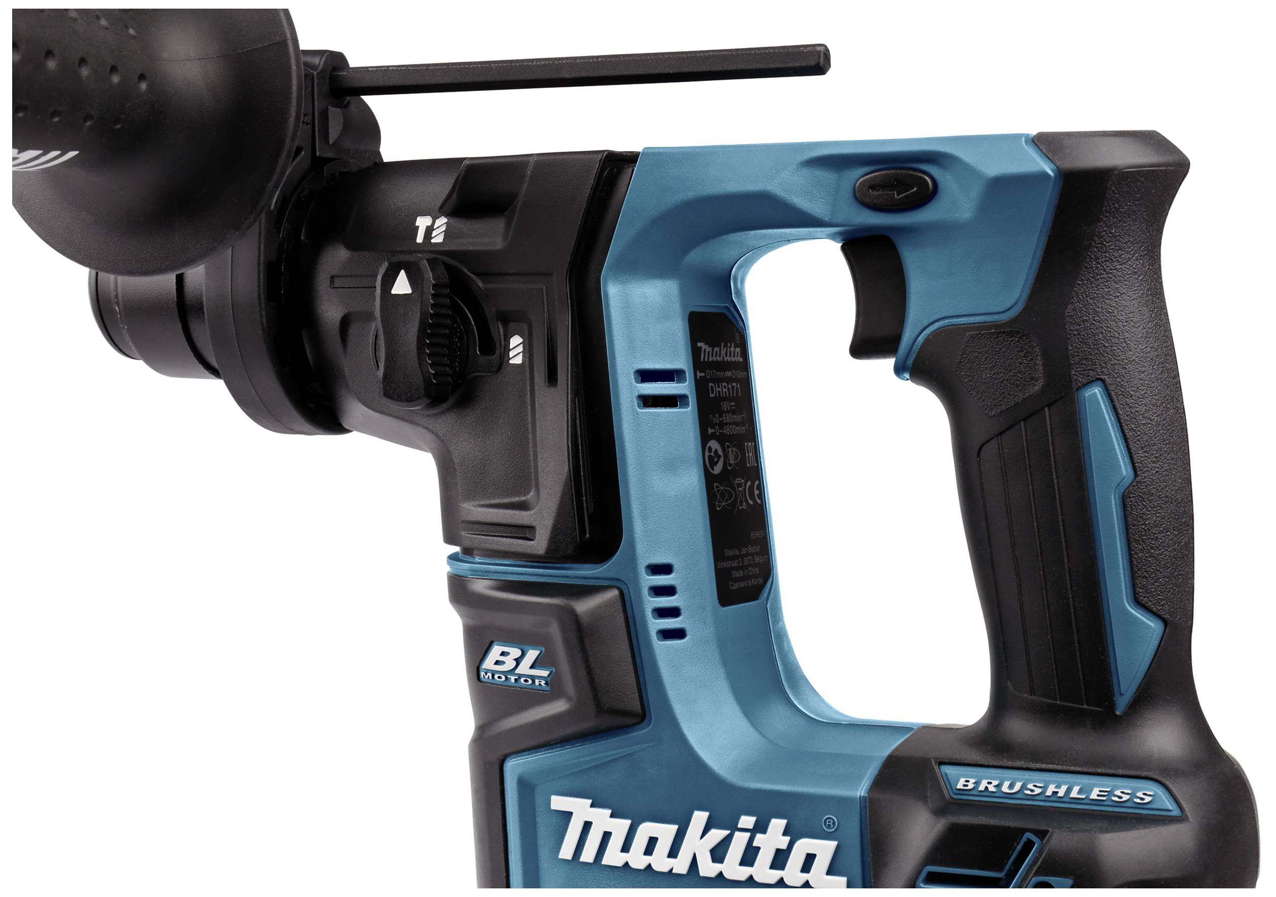 Akku-Bohrhammer mit blauem Griff, links ein schwarzer Handgriff. Markierungen für Leistung und Marke auf der Seite, geeignet für Bauarbeiten.