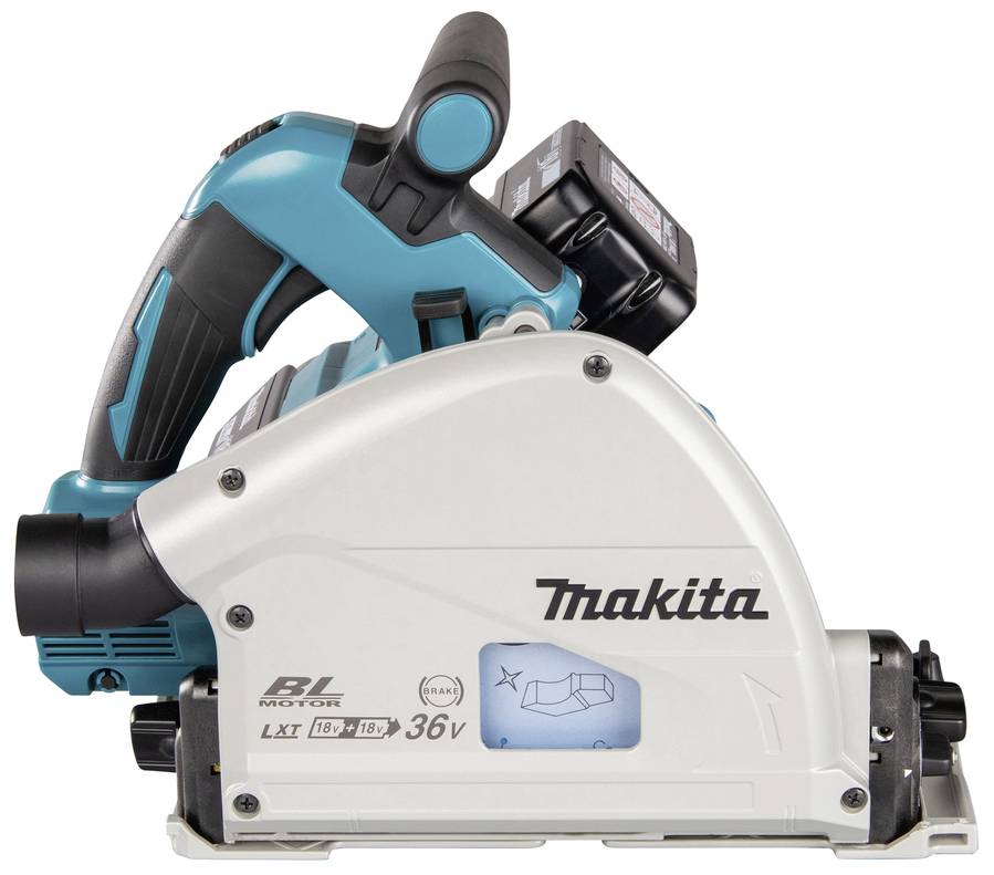 Akkubetriebene Handkreissäge mit blauem Griff und weißem Gehäuse, Seitenansicht. Modell von Makita.