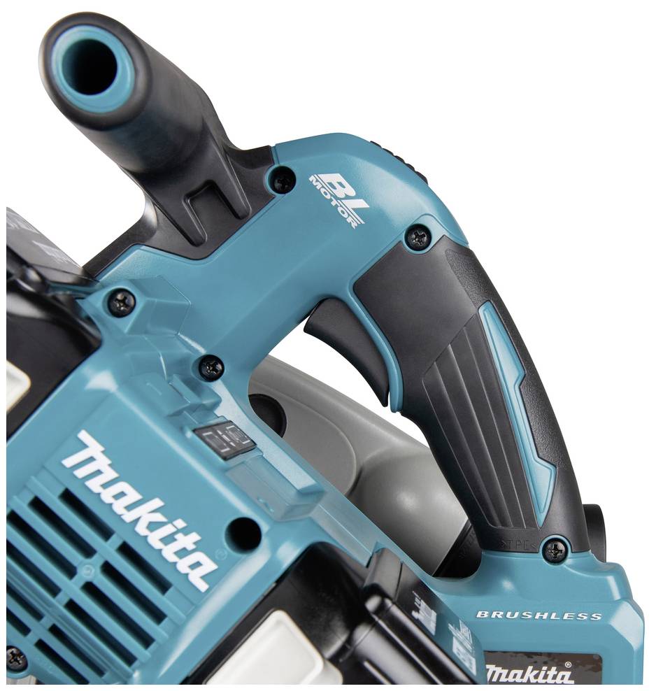 Ein blauer, akku-betriebener Makita-Bohrhammer mit ergonomischem Griff und bürstenlosem Motor für effiziente Leistung.