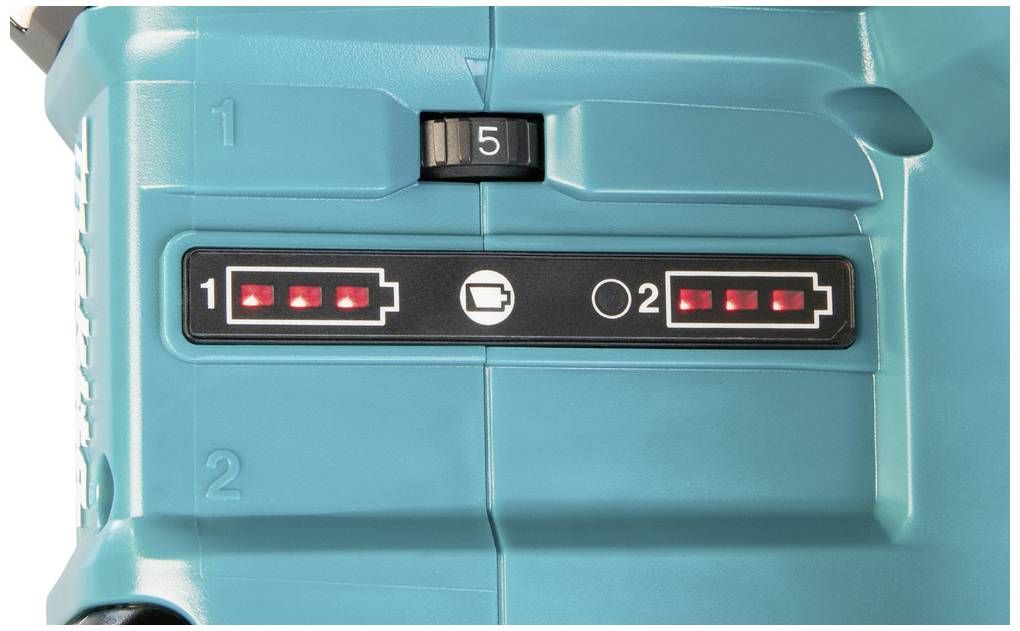 Elektronisches Gerät mit zwei Batterieanzeigeleisten. Beide Leisten zeigen fünf rote Leuchtpunkte, die den Ladezustand anzeigen.
