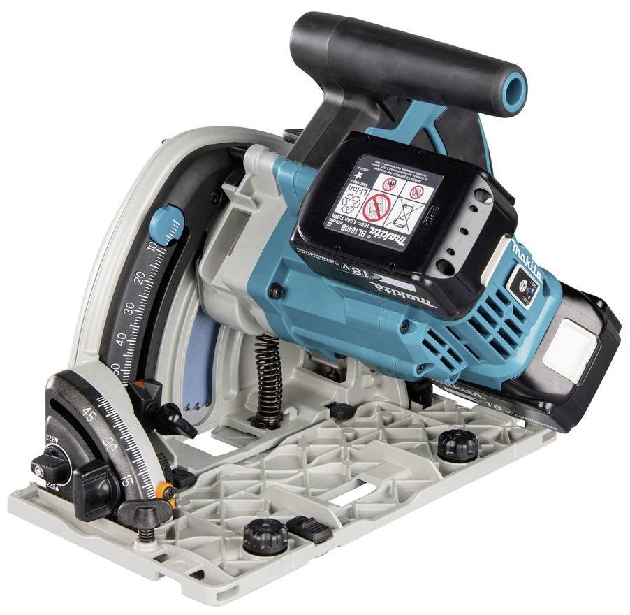 Kreissäge aus Metall und Kunststoff, blau und grau, mit verstellbarem Winkelmesser und Bedienfeld mit Sicherheitshinweisen.