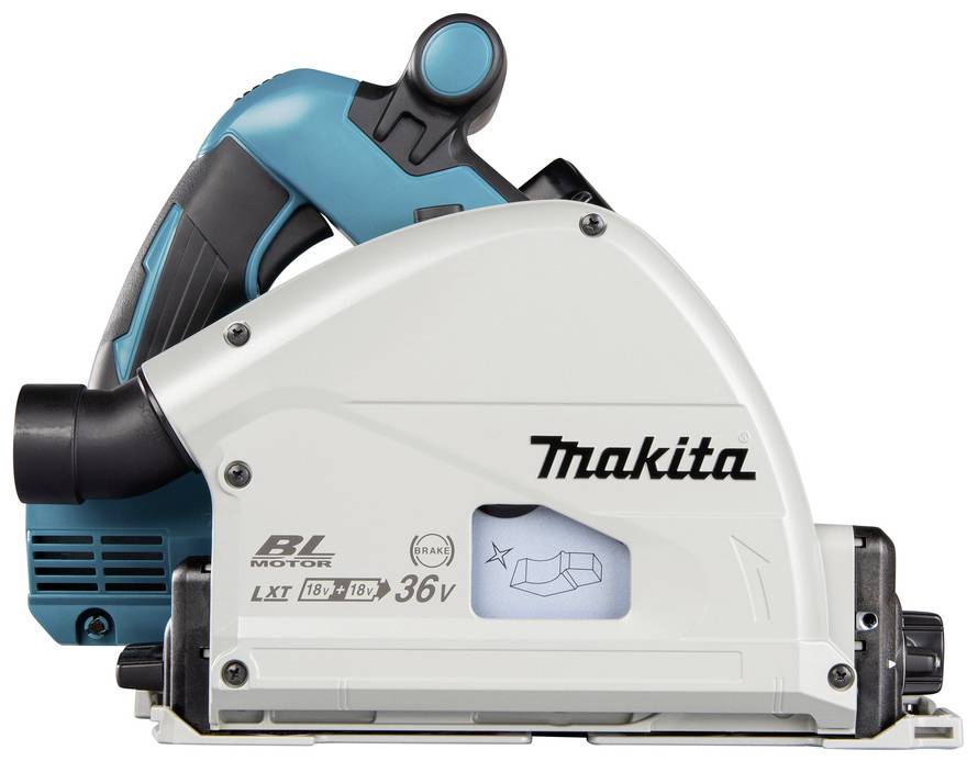 Akkubetriebene Kreissäge in Blau und Weiß von Makita. Hauptmerkmal: Schneidführung für präzise Schnitte.