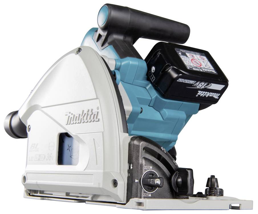 Handkreissäge von Makita, Modell mit blauer und weißer Gehäusefarbe, ergonomischem Griff und 18V-Akku oben montiert.