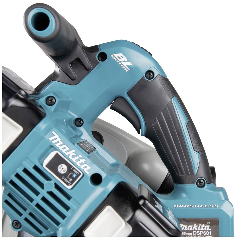 Elektrische Säge von Makita mit Brushless-Motor, blau mit schwarzen Griffen und weißen Schaltern, geeignet für präzise Schnitte.