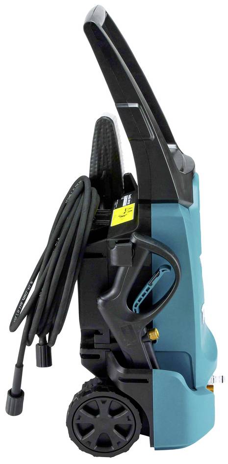 Seitenansicht eines blauen Hochdruckreinigers mit Schlauchaufwicklung und Griff. Der Hochdruckreiniger steht auf zwei Rädern.