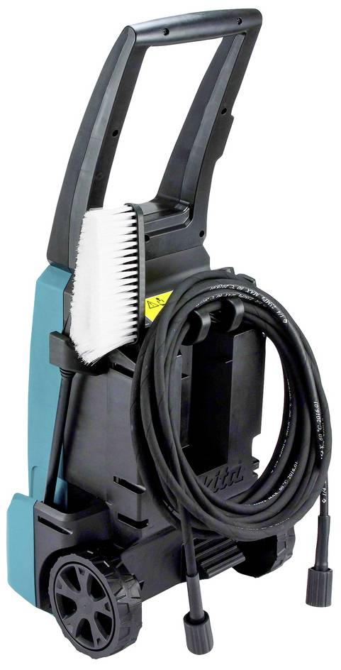 Hochdruckreiniger mit Griff, zwei Rädern, Schlauch und Reinigungsbürste. Ideal zur Reinigung von Außenflächen und Fahrzeugen.