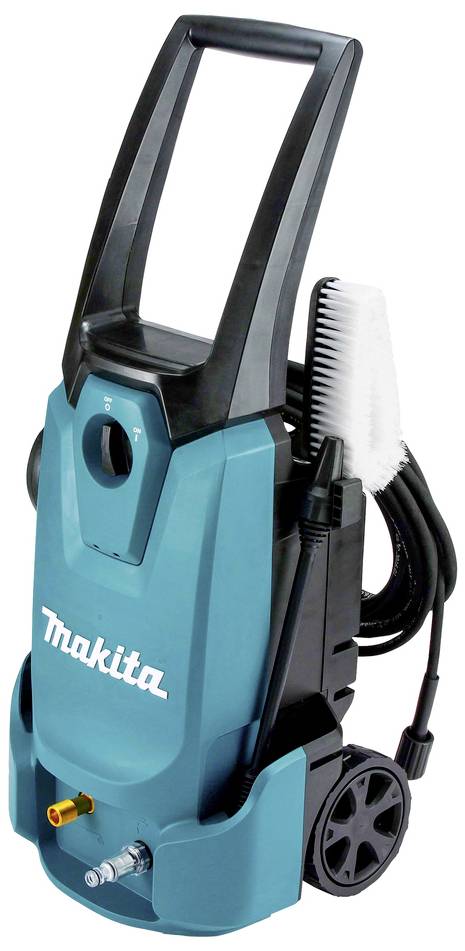Ein blauer Hochdruckreiniger mit zwei Rädern und einer Bürste an der Seite. Der Markenname ist deutlich sichtbar.