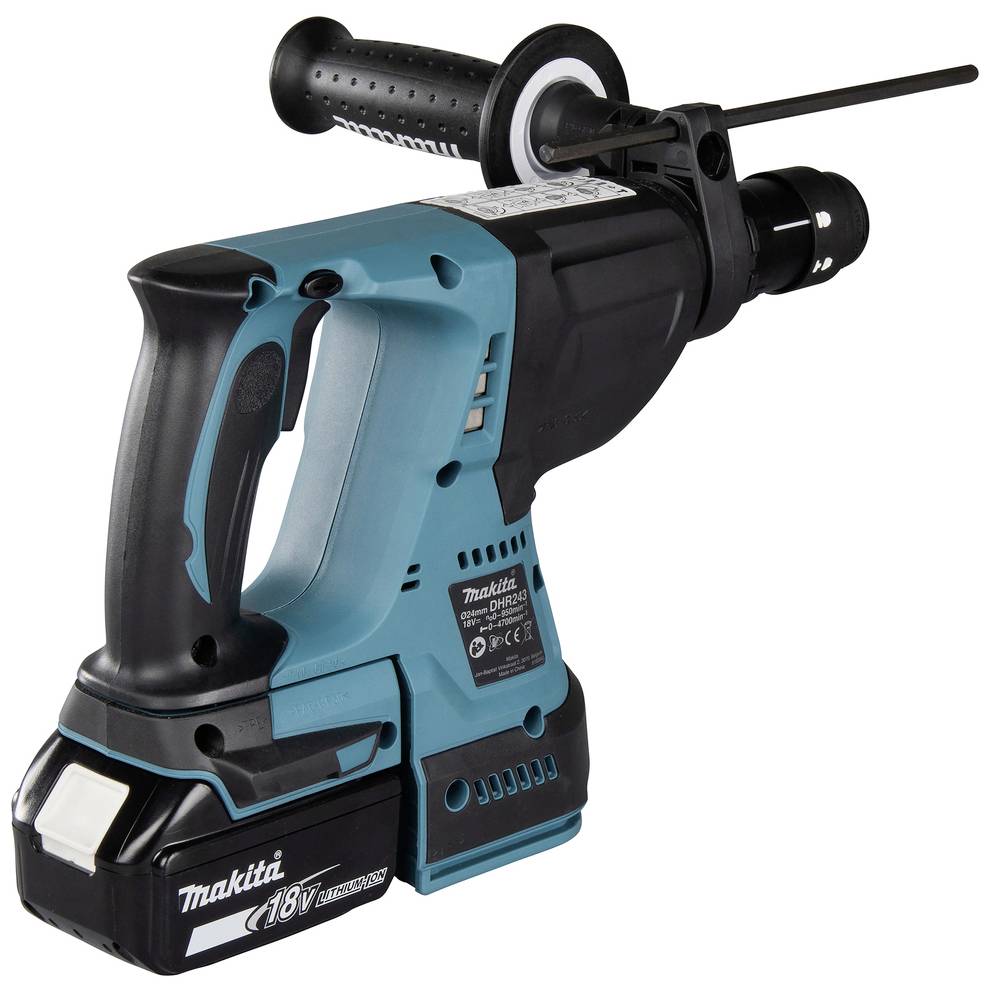 Ein kabelloser Bohrhammer mit ergonomischem Griff, blauer Farbe und einem Akku. Markenname und Spezifikationen auf dem Gehäuse sichtbar.