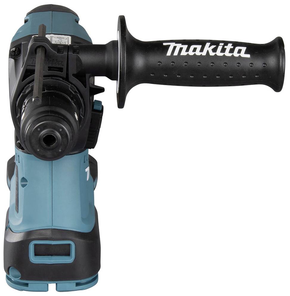 Akku-Bohrhammer in Blau mit einem schwarzen Griff, von vorne gezeigt. Firmenlogo 'Makita' auf dem Griff. Hochwertiges Elektrowerkzeug.