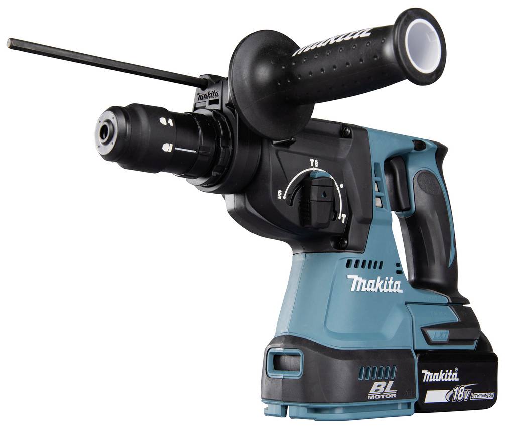 Ein kabelloser Bohrhammer mit ergonomischem Griff und 18V-Akku. Markennamen sind auf dem Gehäuse sichtbar. Geeignet für schwere Bohrarbeiten.