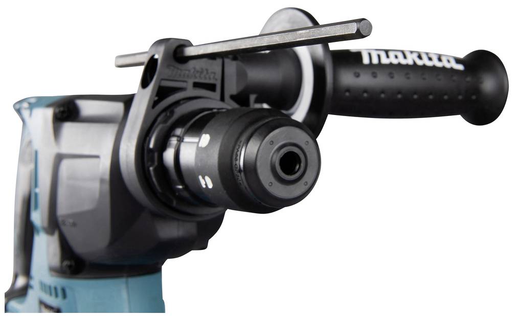Nahaufnahme eines Bohrhammers in blauer Farbe mit ergonomischem Griff und Bohrerhalterung.
