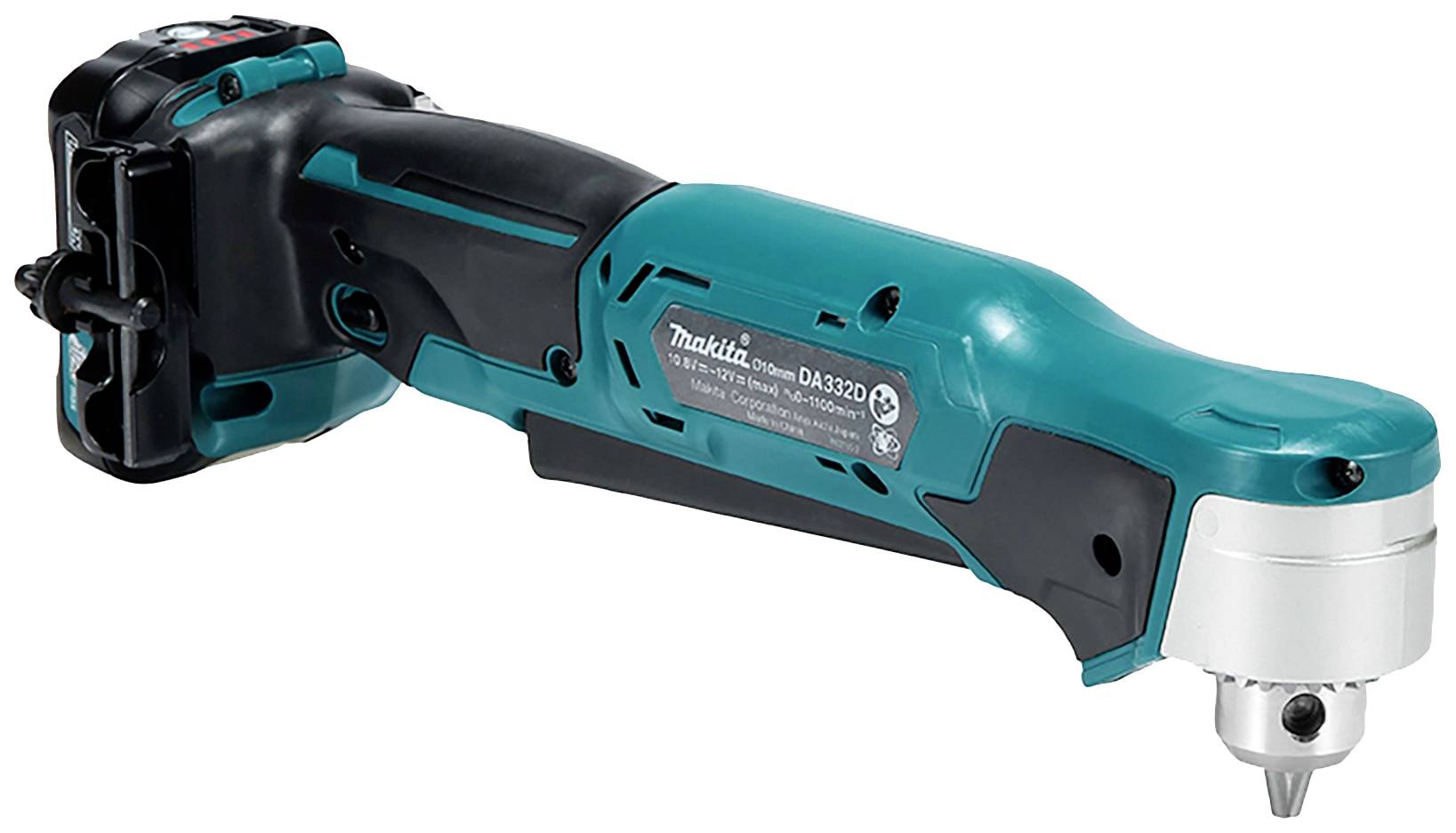 Akkubohrmaschine mit blauem Gehäuse, schwarzem Griff und einem seitlich angebrachten Bohrkopf, geeignet für schwer zugängliche Stellen.