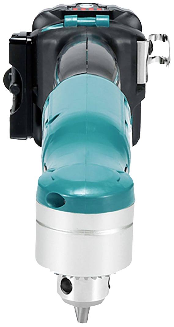 Akkubohrmaschine von oben gesehen, mit türkisfarbenem Griff und silbernem Bohrkopf.