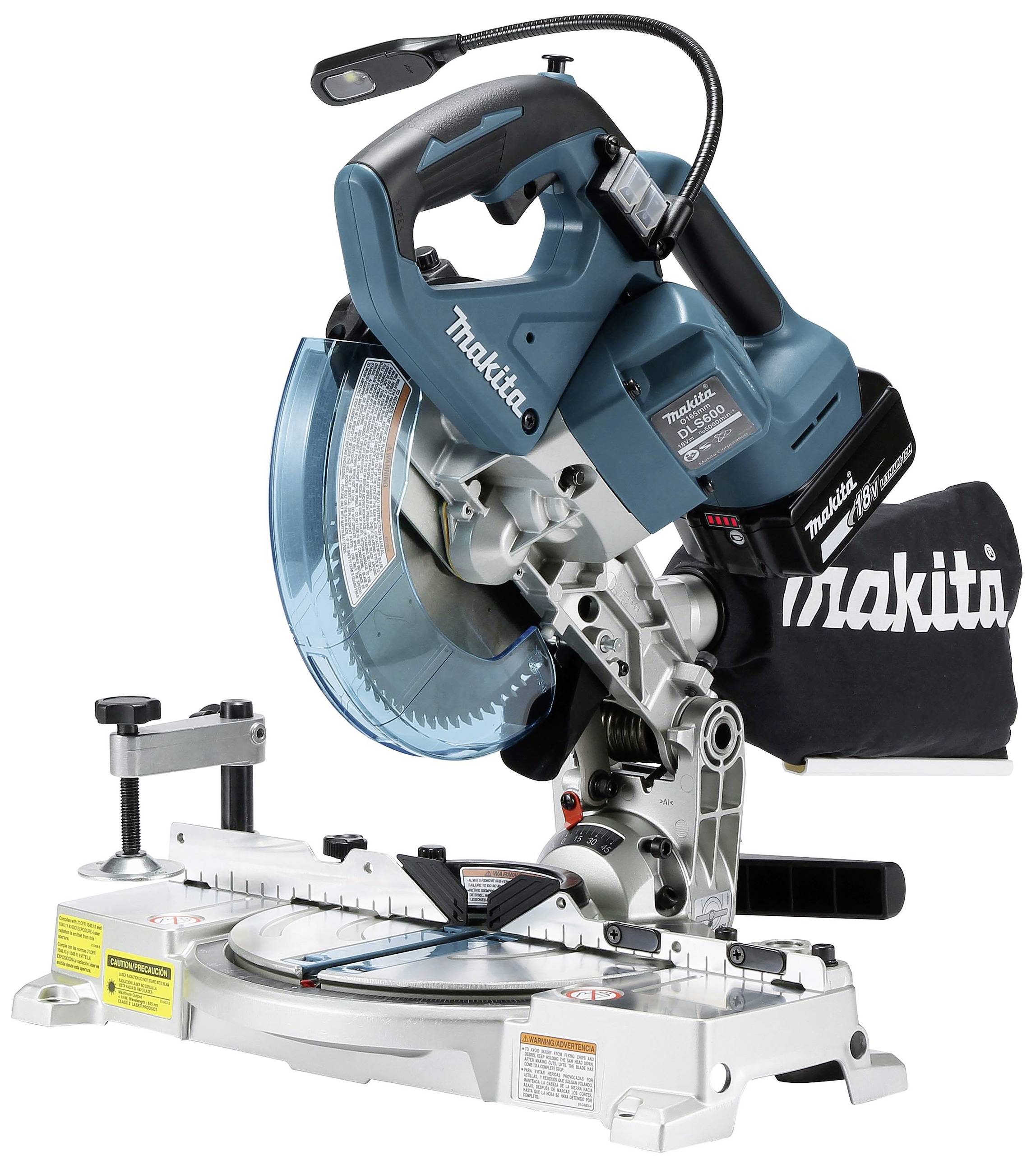 Kapp- und Gehrungssäge mit blauem Gehäuse, montiert auf Metallbasis. Die Marke ist 'Makita', die auf dem Gerät sichtbar ist.