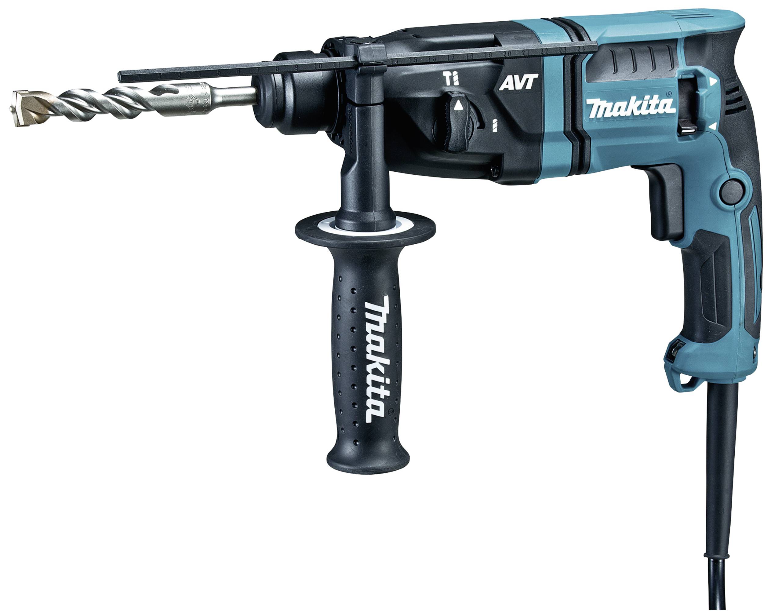Eine blaue und schwarze elektrische Bohrmaschine mit Seitengriff und Bohrer, neben einer Kabelverbindung, in Nahaufnahme.