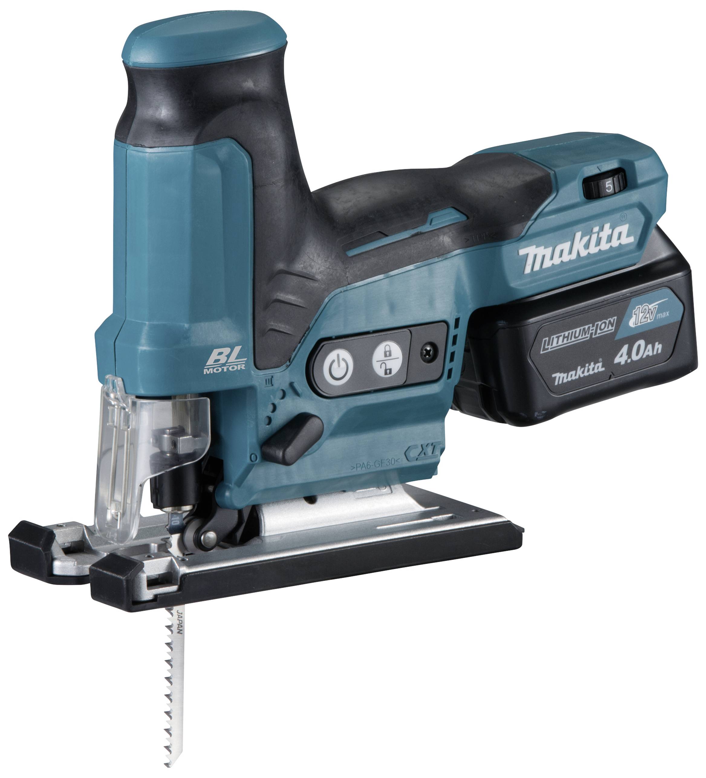 Kompakte, kabellose Stichsäge von Makita mit ergonomischem Griff und austauschbarem Akku, geeignet für präzise Sägearbeiten.