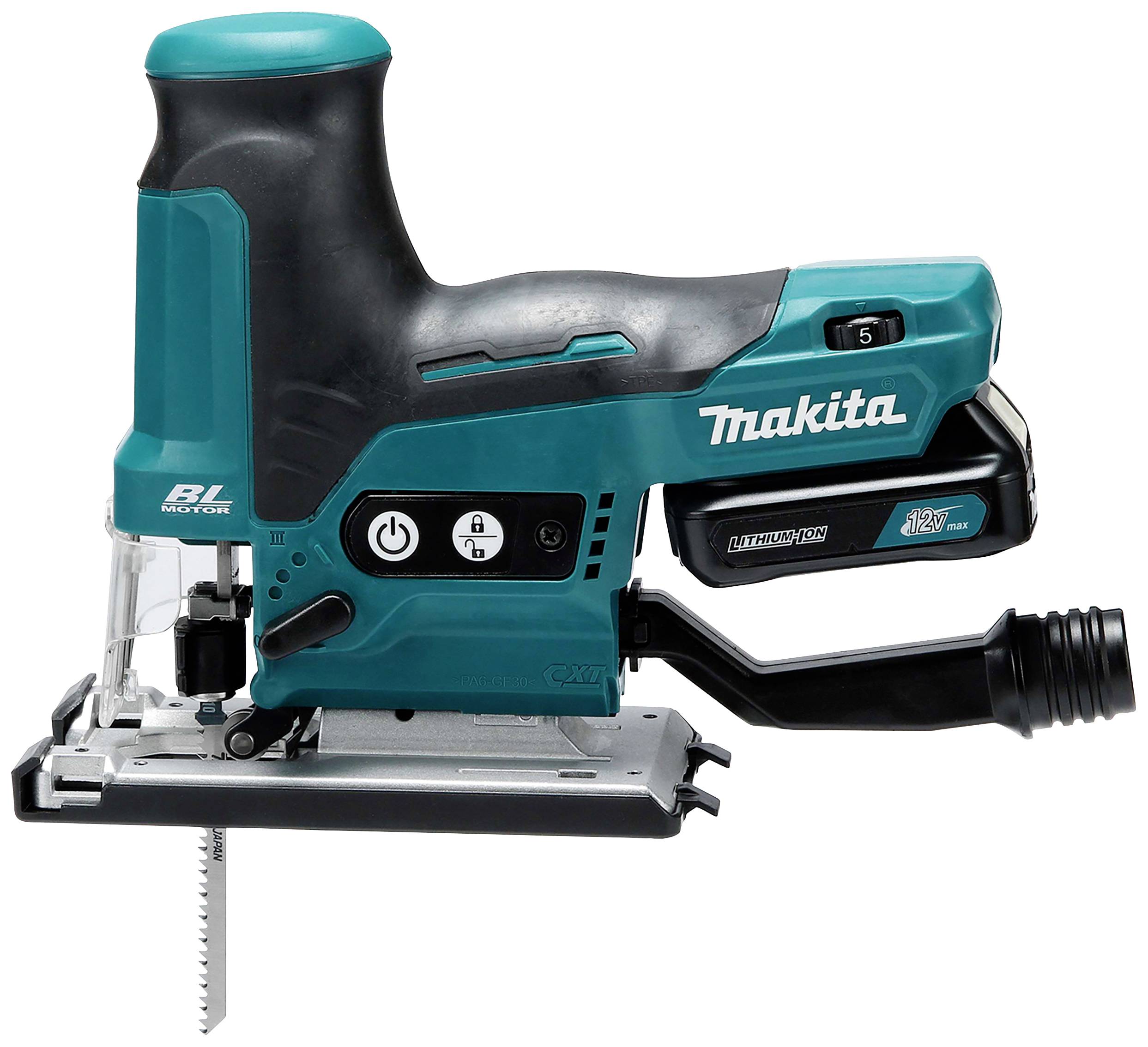 Eine blaue, kabellose Stichsäge mit ergonomischem Griff, von Makita. Links am Gerät befindet sich das Präzisionssägeblatt.