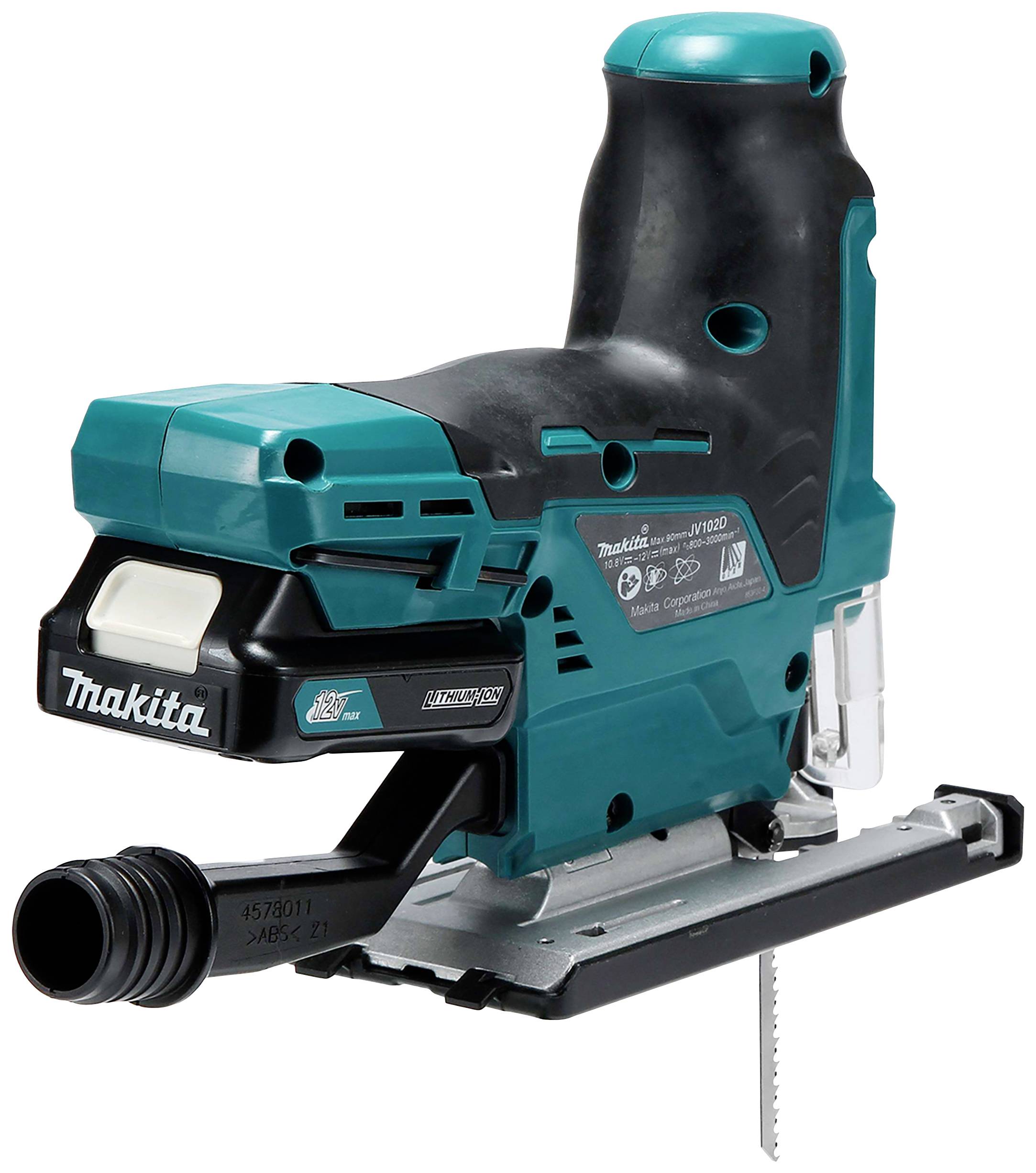 Ein grüner und schwarzer Makita Stichsäge. Das Gerät hat ein ergonomisches Design und ist für handwerkliche Schneidarbeiten gedacht.