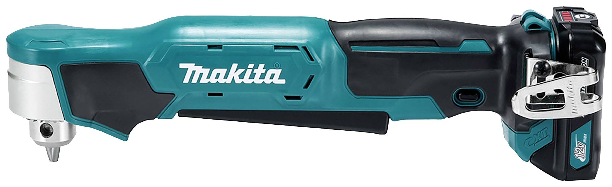 Akkuschrauber von Makita in Seitenansicht, schwarz-türkis, mit Akku und Winkelaufsatz, geeignet für schwer zugängliche Stellen.