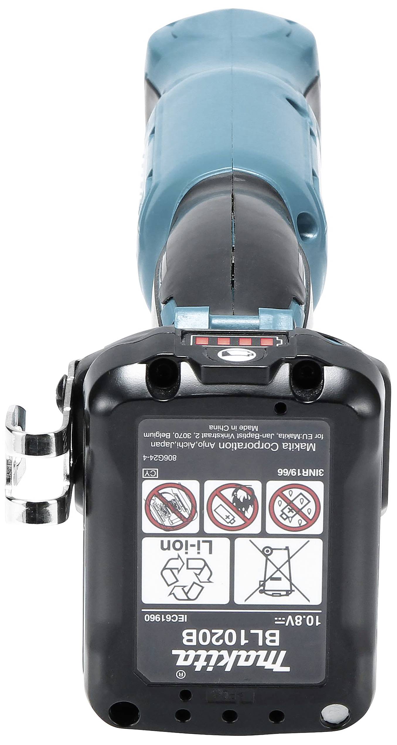 Ein blaues Elektrowerkzeug mit schwarzem Griff, Label zeigt Modell 'BL1020B', 10,8V, Warnsymbole für Sicherheitshinweise.