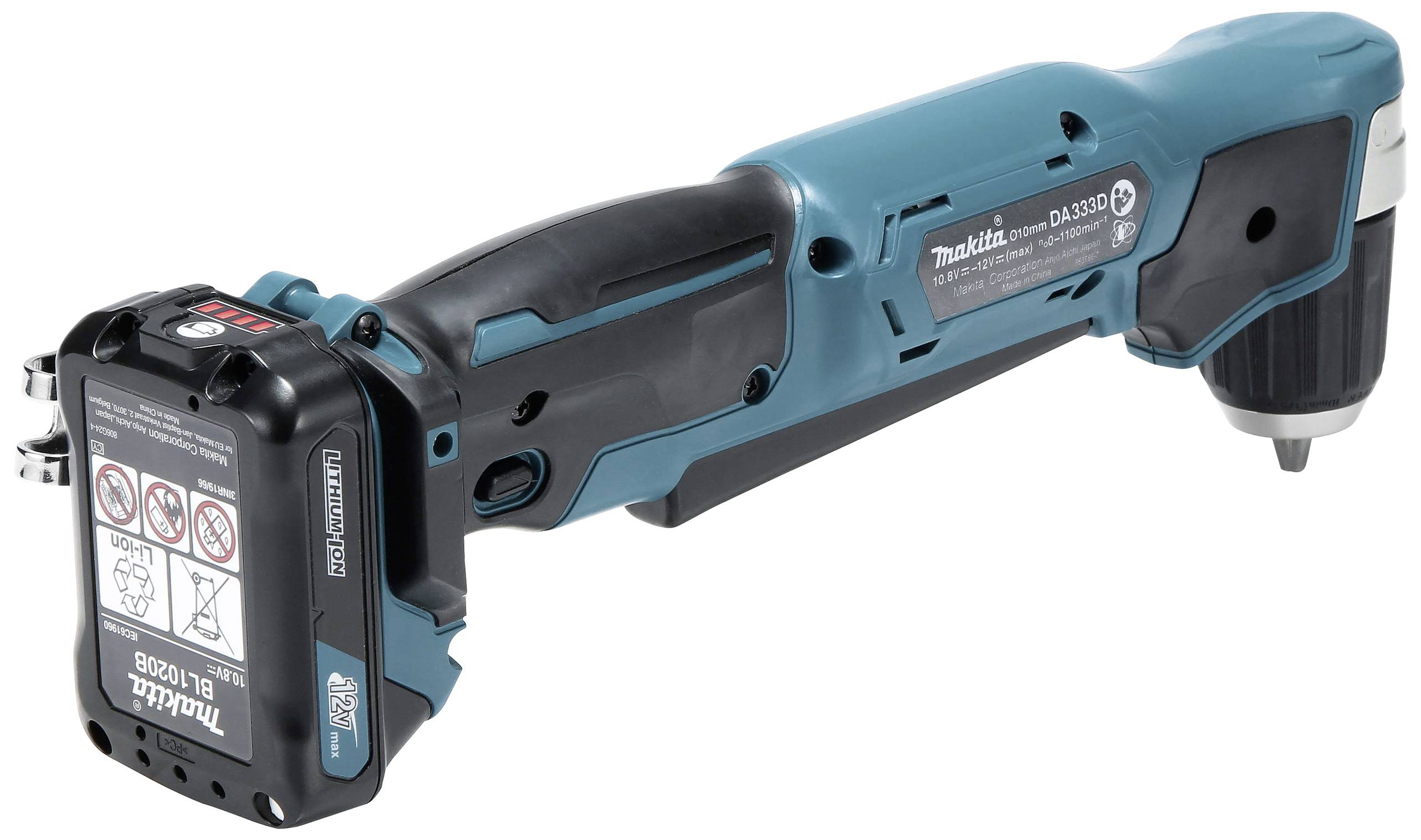 Ein blauer Akku-Winkelschrauber mit schwarzem Griff und abnehmbarem Akku, geeignet für schwer zugängliche Stellen.