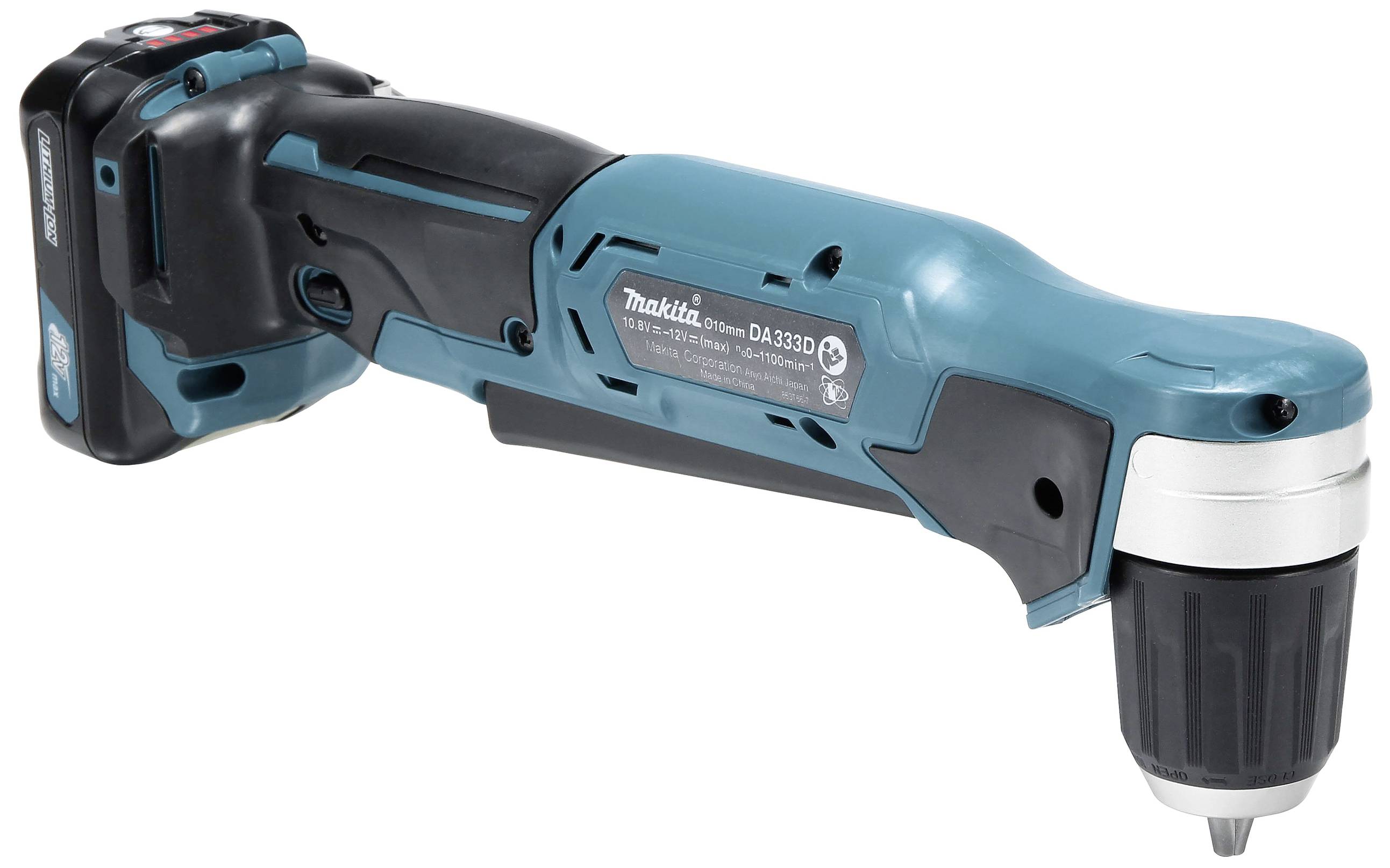 Ein Akku-Winkelbohrschrauber in Blau und Schwarz mit Bohrfutter und ergonomischem Griff, geeignet für schwer zugängliche Stellen.