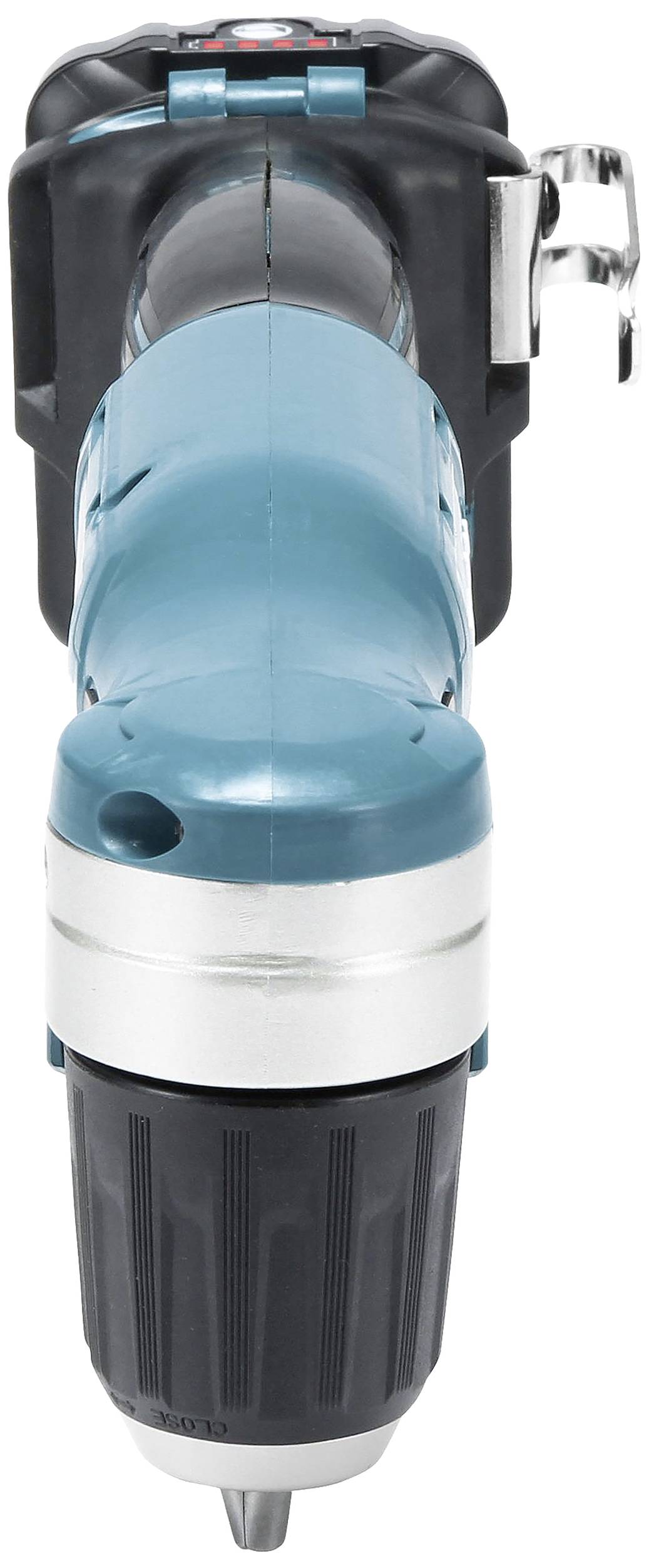 Akkuschrauber in Nahaufnahme von vorne, blaue und schwarze Farbgebung, mit silbernen Akzenten, Bohrfutter sichtbar.