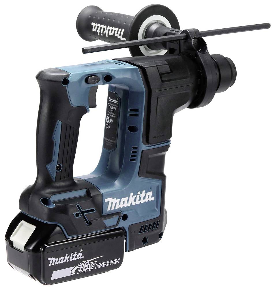 Akkubohrhammer in Blau und Schwarz mit ergonomischem Griff und 18V Lithium-Ionen-Akku, geeignet für kraftvolles Bohren und Meißeln.