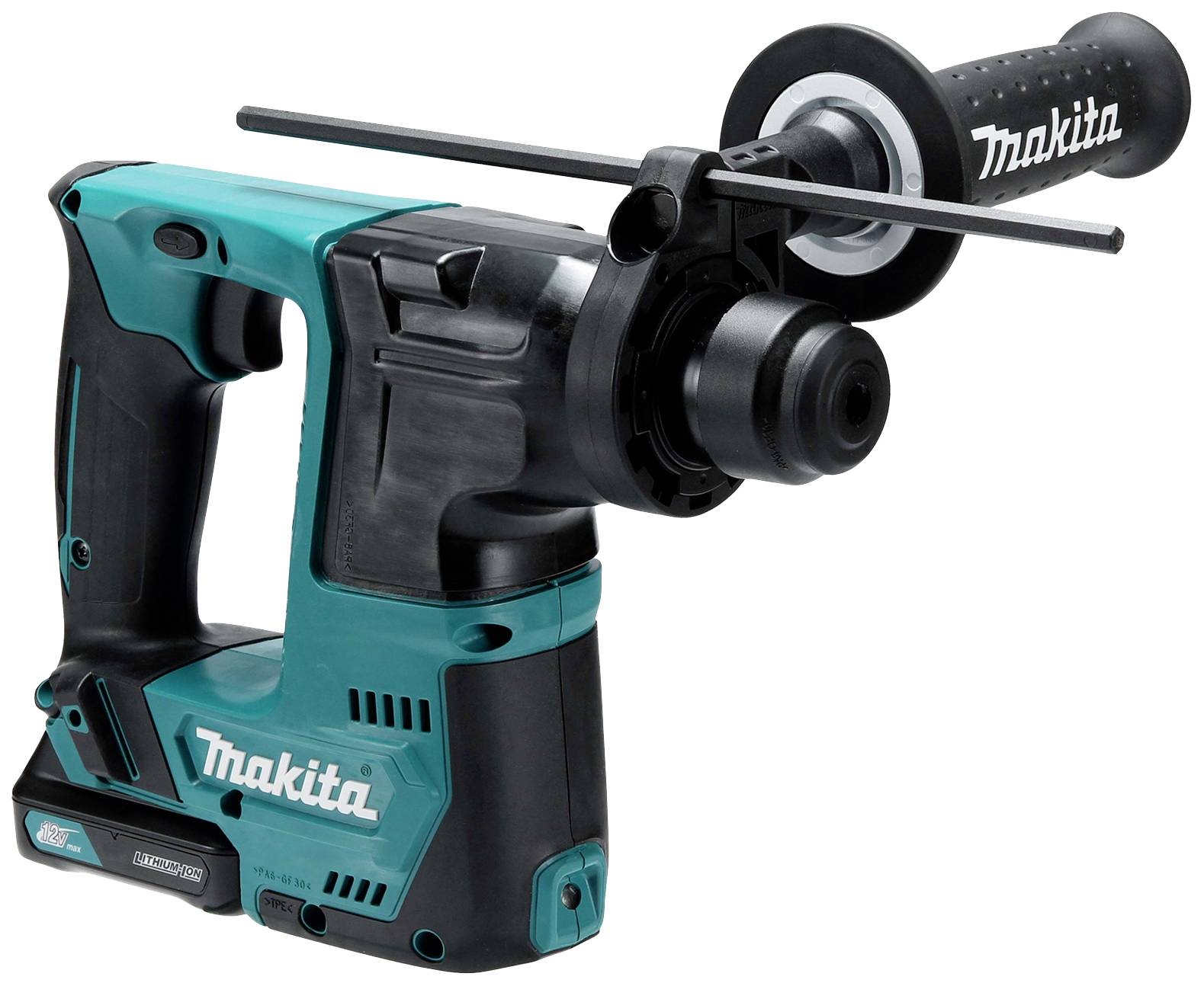 Akku-Bohrhammer von Makita in Schwarz und Türkis mit abnehmbarer Griffstange, geeignet für vielseitige Bohr- und Schlaganwendungen.