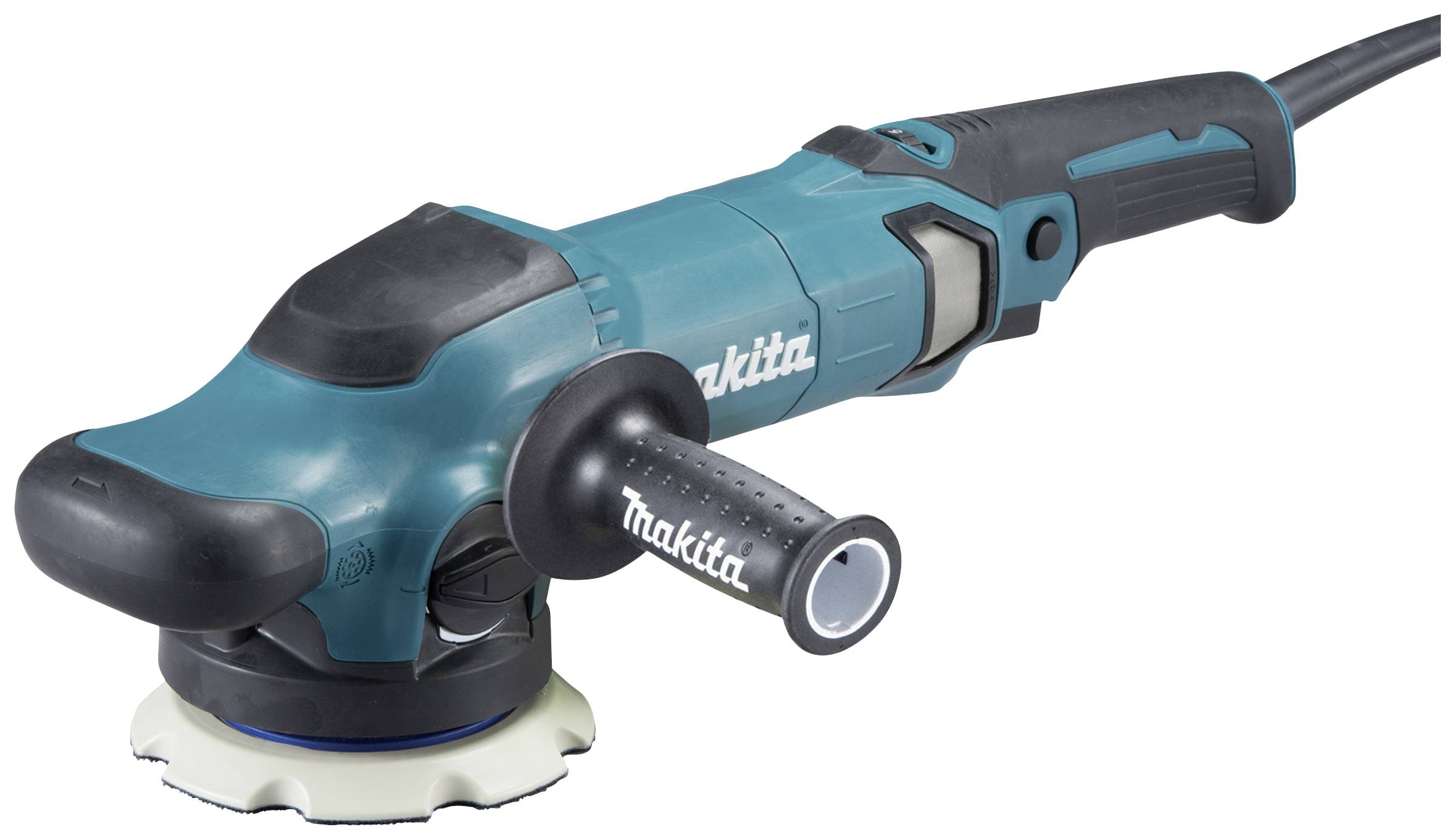 Elektroschleifer mit blauem Gehäuse und schwarzem Griff, geeignet für Holz- und Metalloberflächen, Markenname 'Makita' gut sichtbar.