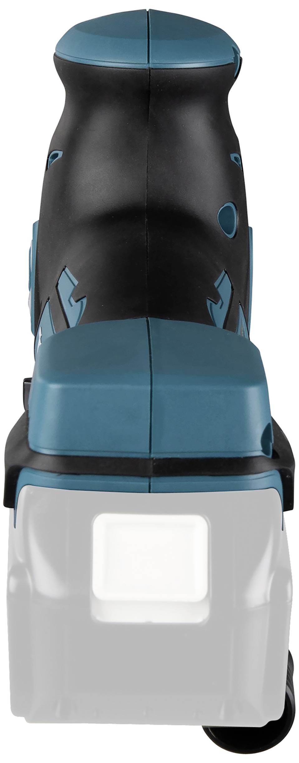 Ein elektrisches Werkzeug mit blau-schwarzem Gehäuse, vermutlich ein Akkuschleifer oder -säge; Ansicht von hinten.