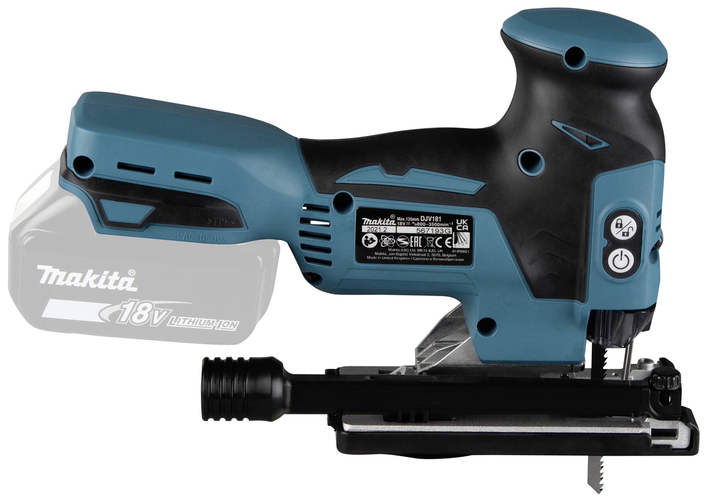 Eine kabellose Stichsäge mit ergonomischem Griff und sichtbarem Sägeblatt. Aufschrift: 'Makita 18V LXT' auf dem Akkufach.