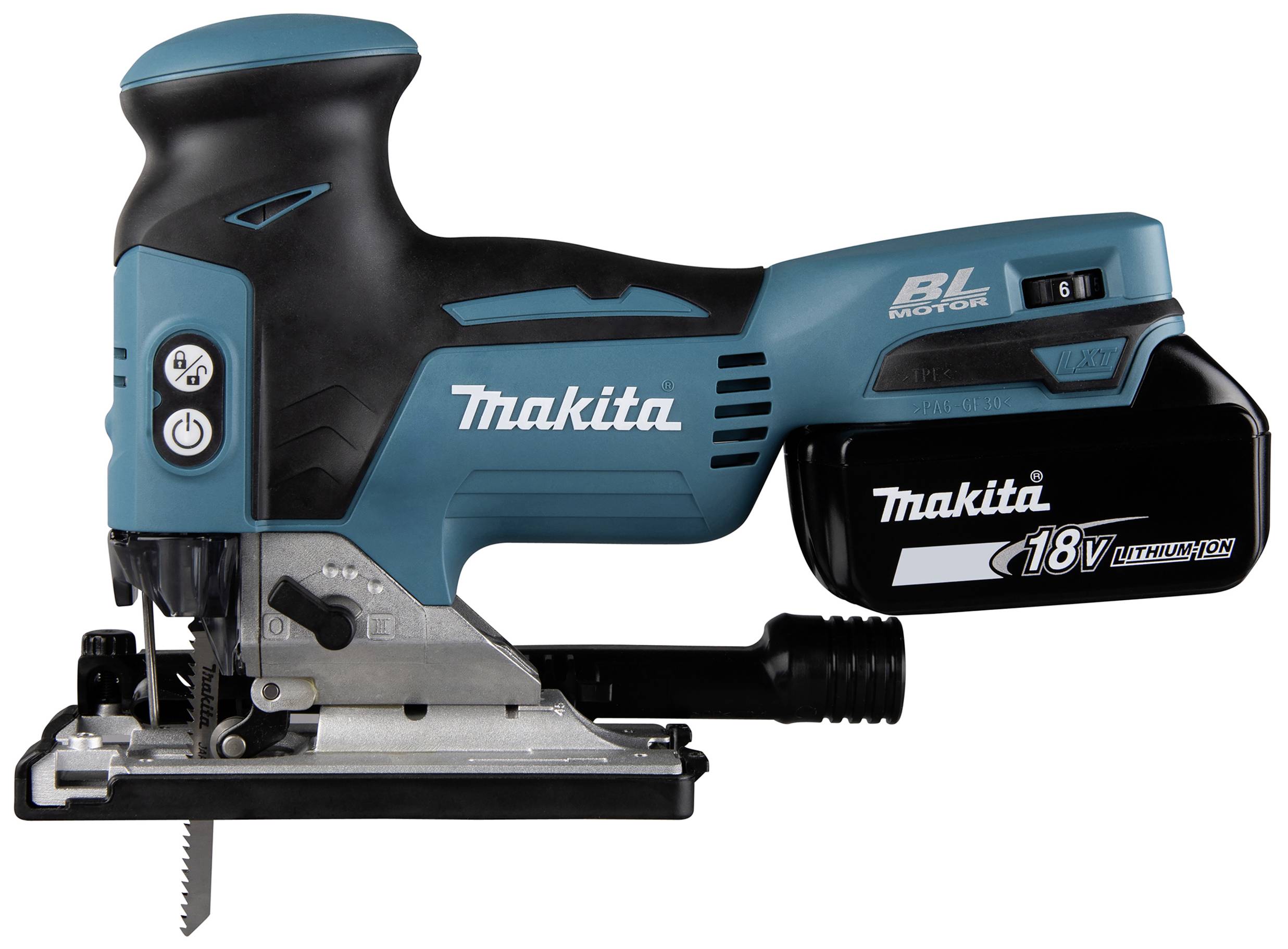 Akkustichsäge, kabellos, Marke Makita, Modell 18V. Schwarzes und blaues Design mit sichtbarer Motorspezifikation und Batterieteil.