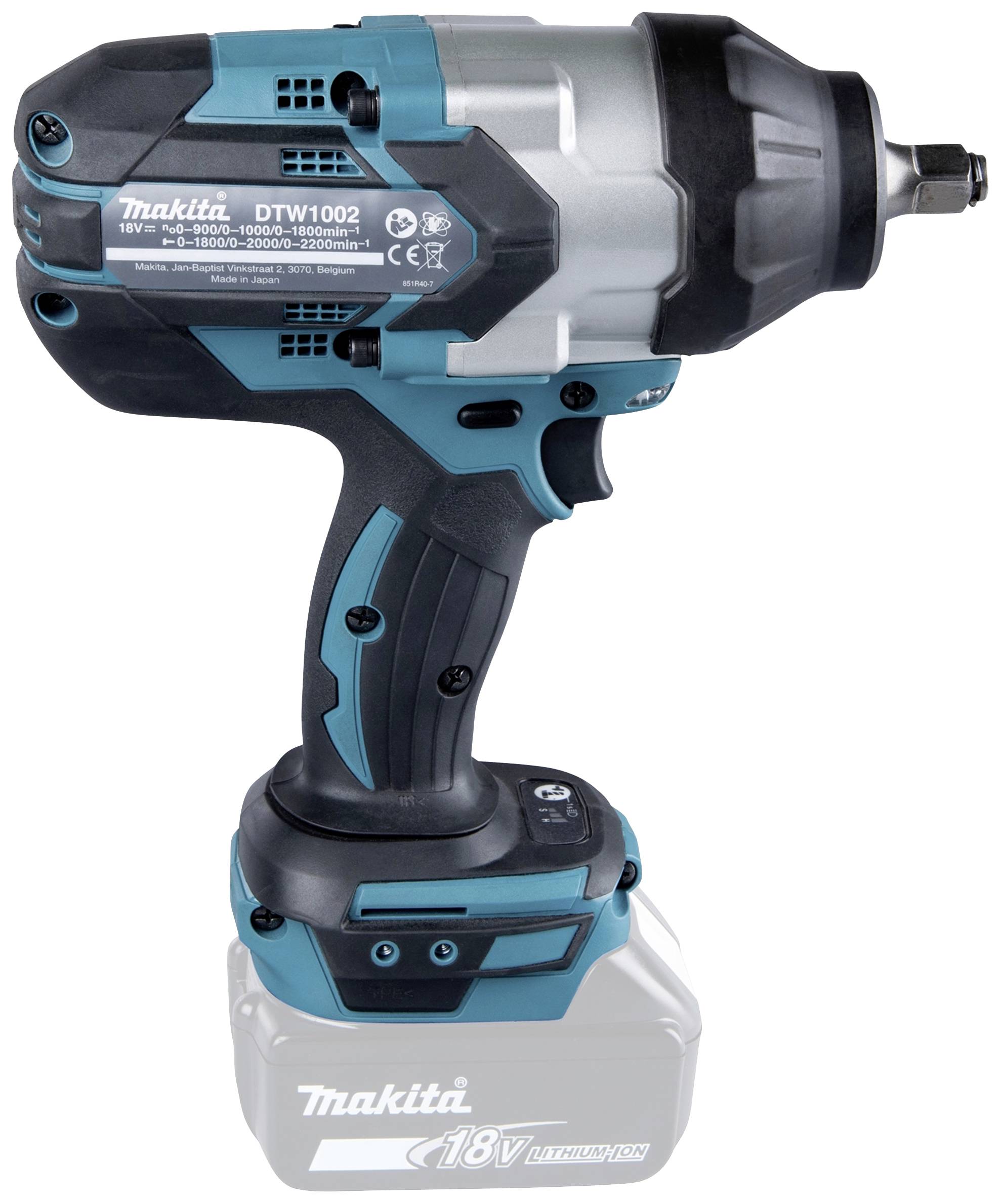Ein kabelloser Schlagschrauber mit blau-schwarz-grauem Design und Makita-Logo. Batteriefach unten, geeignet für Schraubarbeiten.