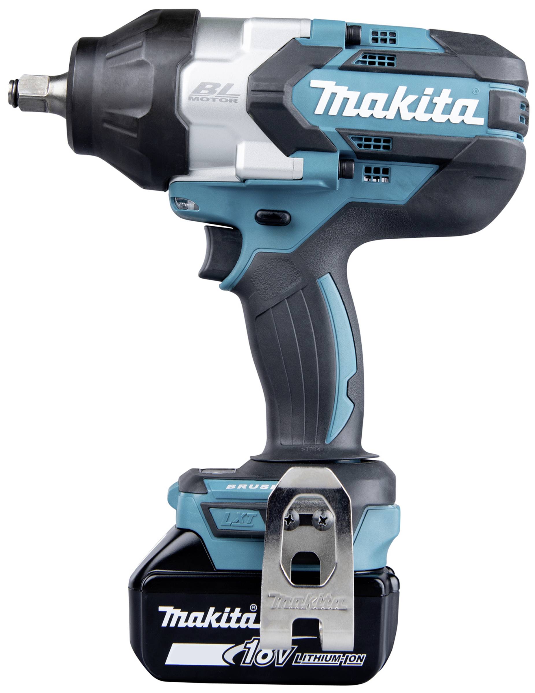 Akkuschlagschrauber im blau-schwarzen Design, Markenname 'Makita', mit 18V Lithium-Ionen-Akku.