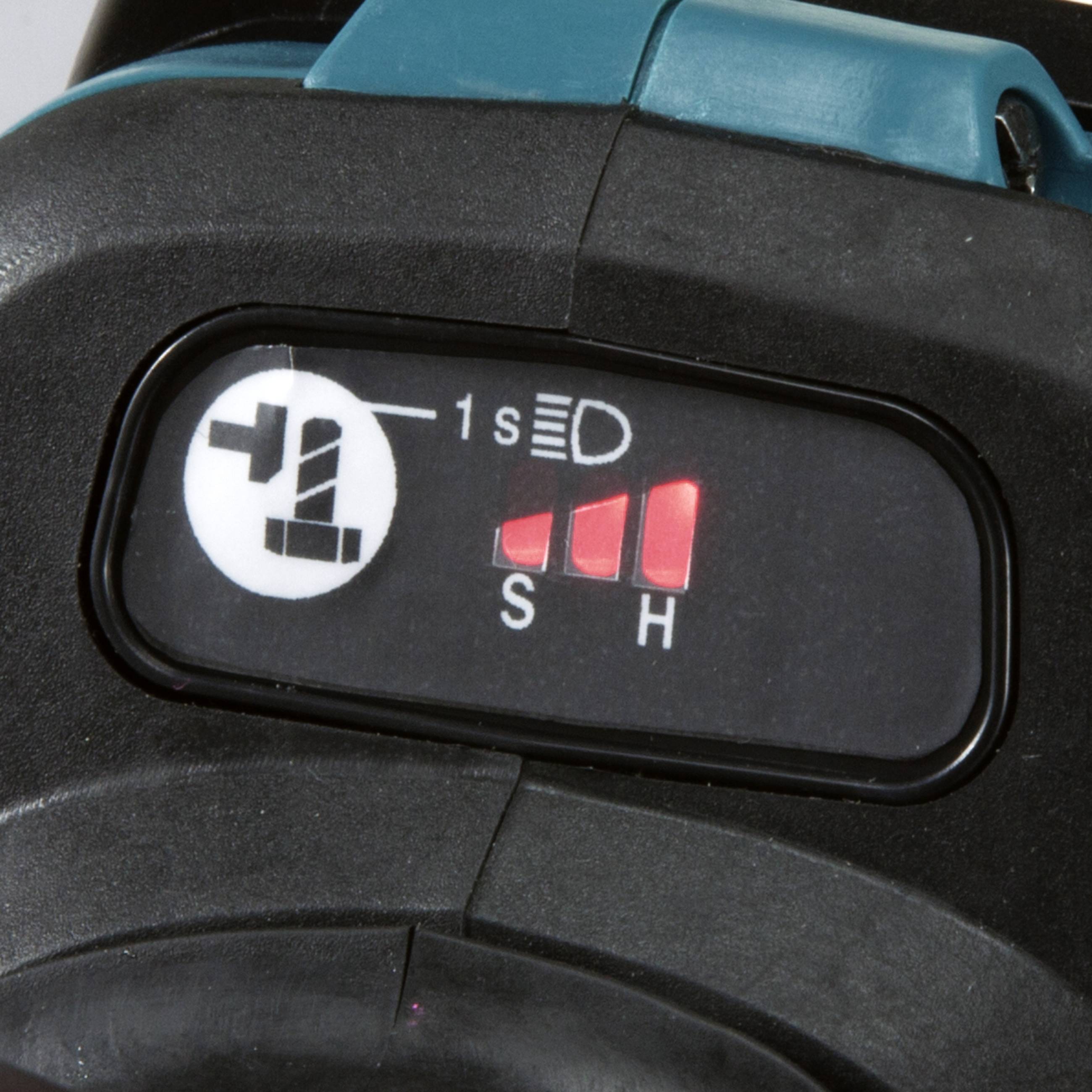 Nahaufnahme eines Gerätedisplays mit einer Anzeige für Einstellungen: '1 Sekunde', 'S', 'H', rote Balken sind sichtbar.
