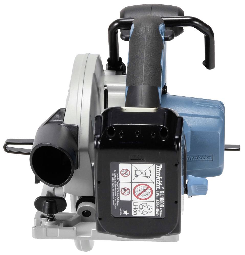 Blauer und silberner Elektrowerkzeuggriff, fokussiert auf ein Bedienfeld mit Sicherheitssymbolen und Herstellername.