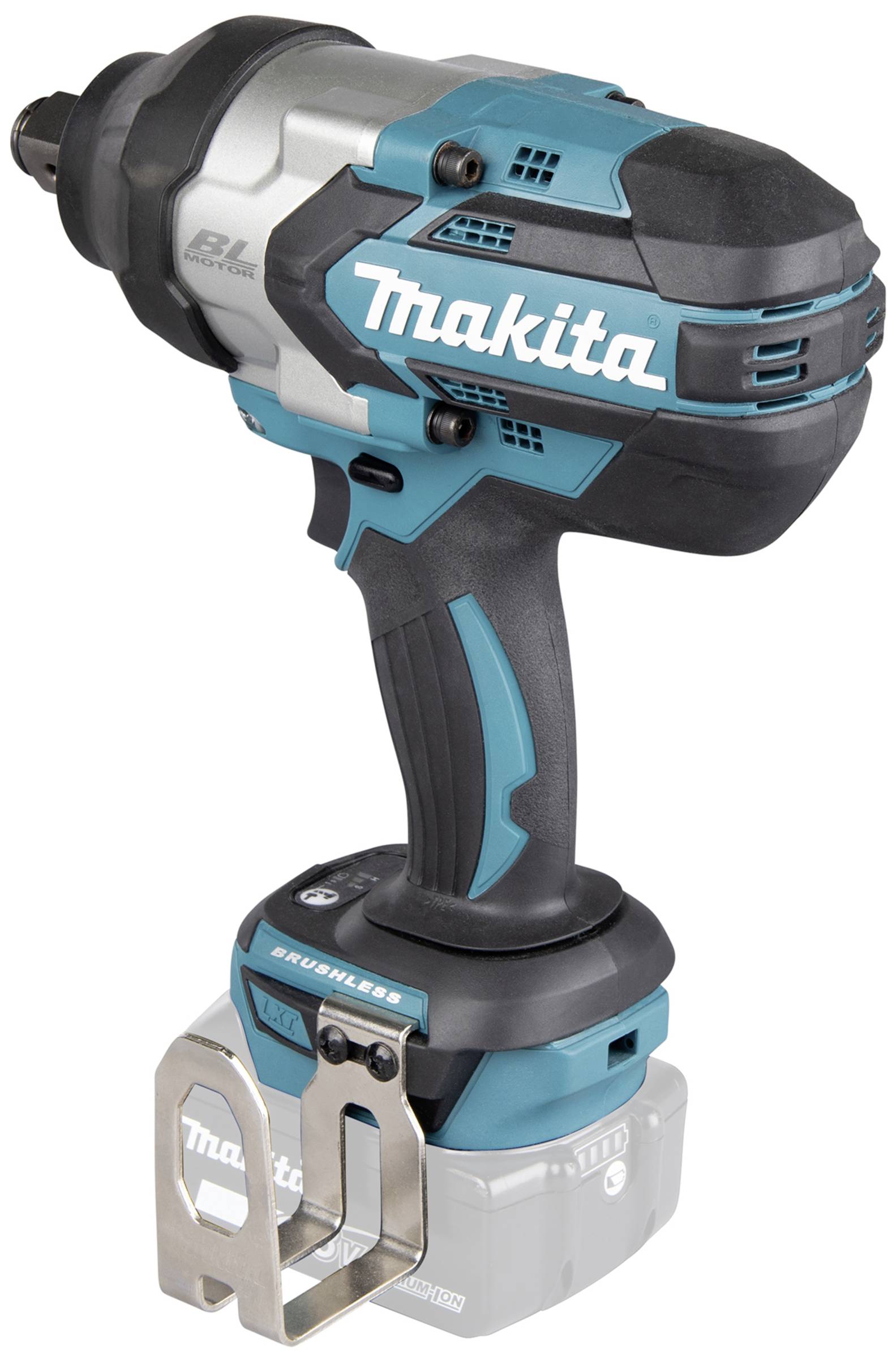 Ein blauer und schwarzer Akku-Schlagschrauber mit einem ergonomischen Griff. Die Marke ist auf der Seite sichtbar.