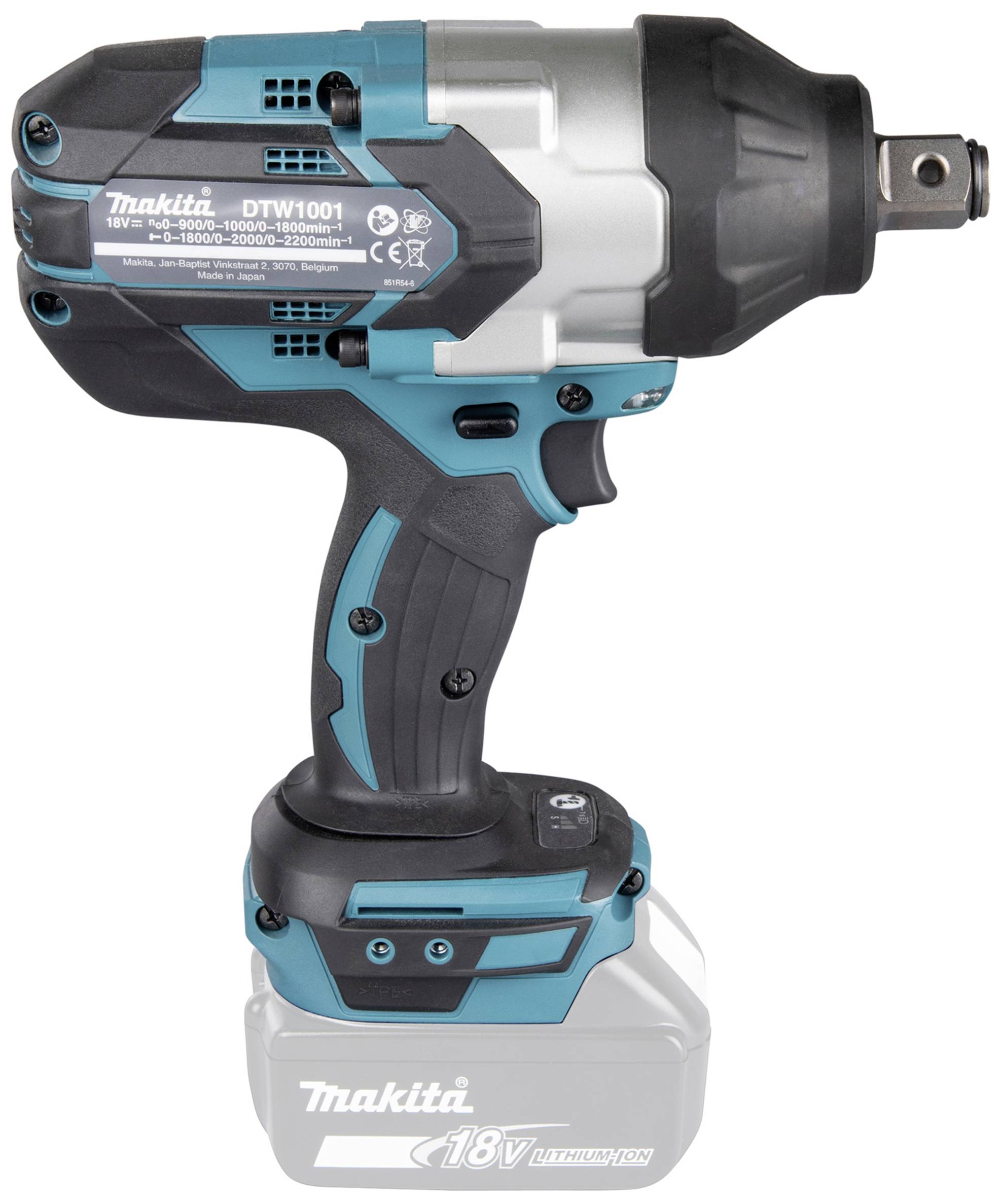 Makita DTW1001 Akkuschlagschrauber in Blau und Schwarz, zeigt Griff, Auslöser und vorderen Metallteil, geeignet für 18V Akkus.