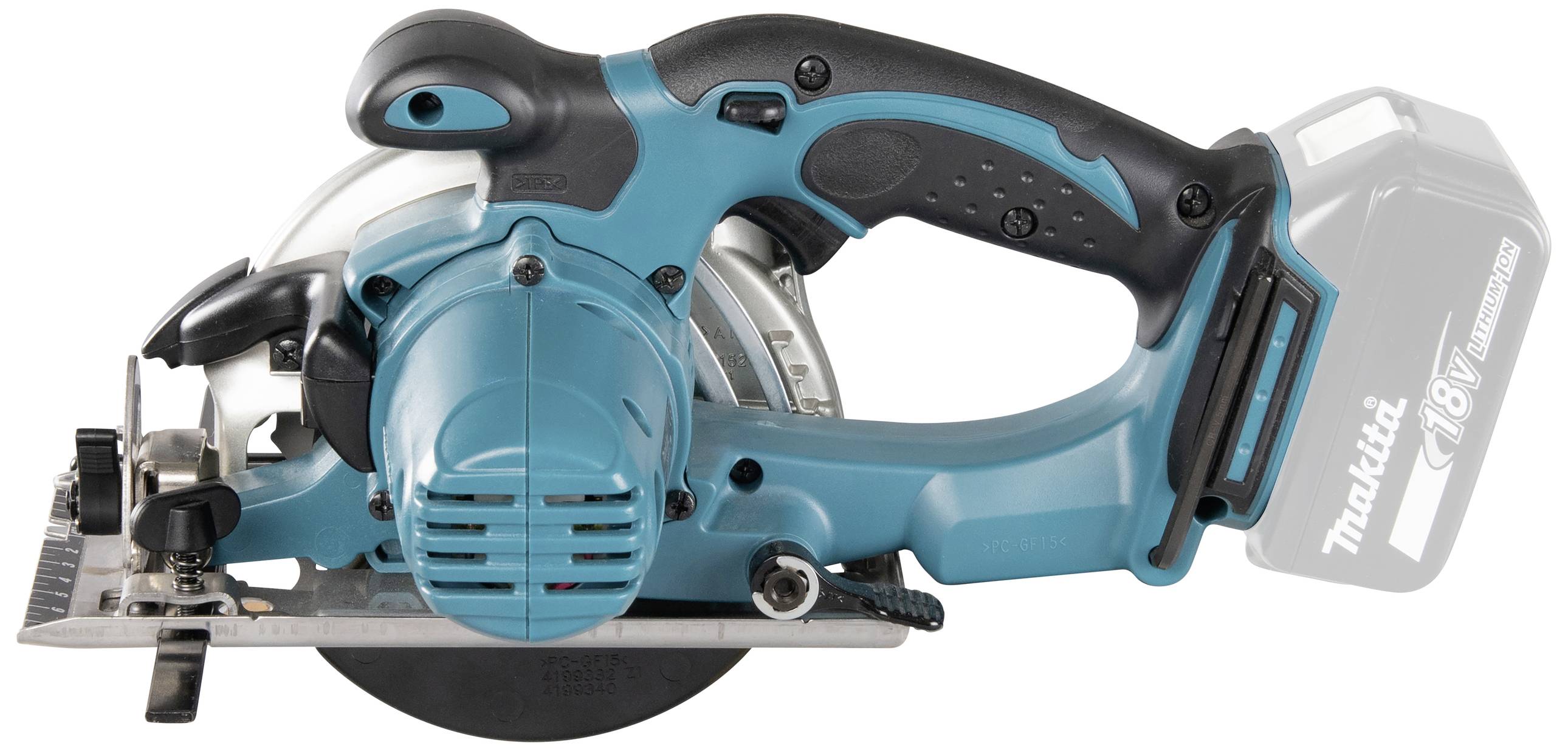 Kabellose, blaue Handkreissäge mit schwarzem Griff und scharfer Klinge. Ideal zum Schneiden von Holz oder anderen Materialien.