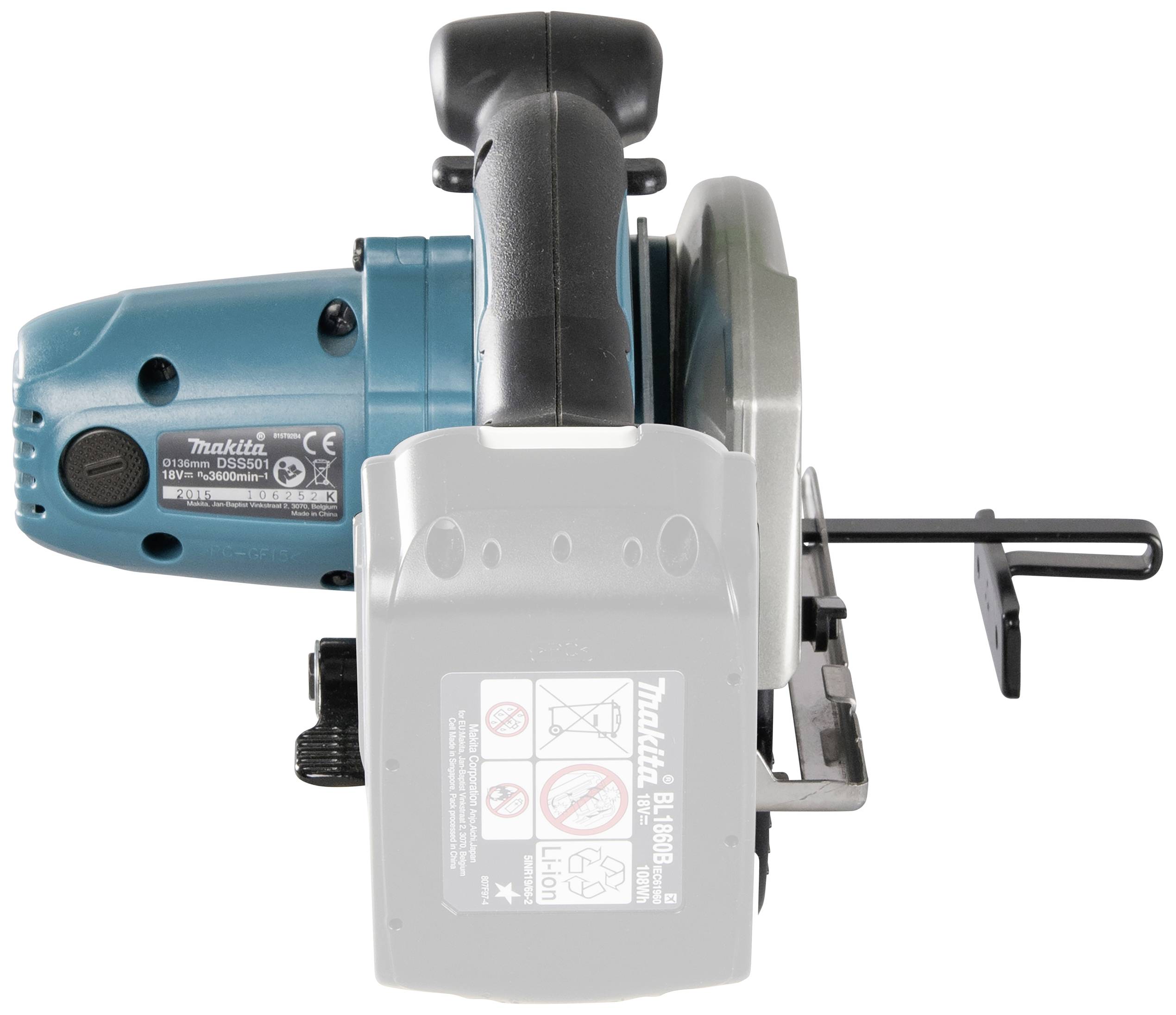 Kabellose blaue Handkreissäge von Makita, Ansicht von oben. Die Maschine ist aus Metall und Kunststoff, mit einem ergonomischen Griff.