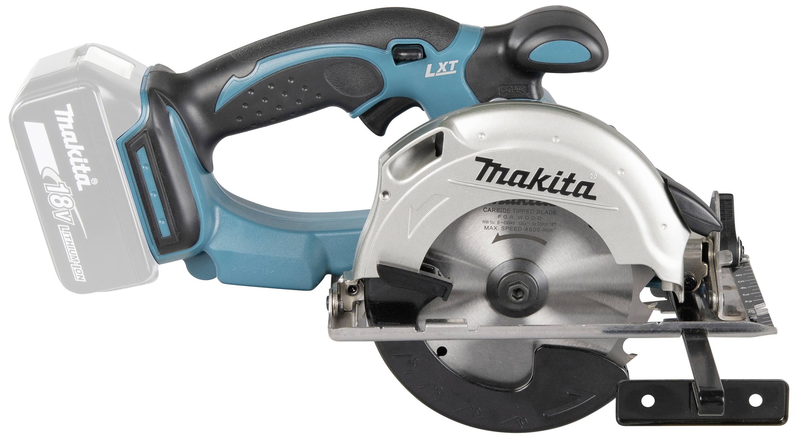 Eine kabellose Handkreissäge mit grauem Sägetisch und blauem Griff. Das Makita-Logo ist auf dem Gehäuse sichtbar.