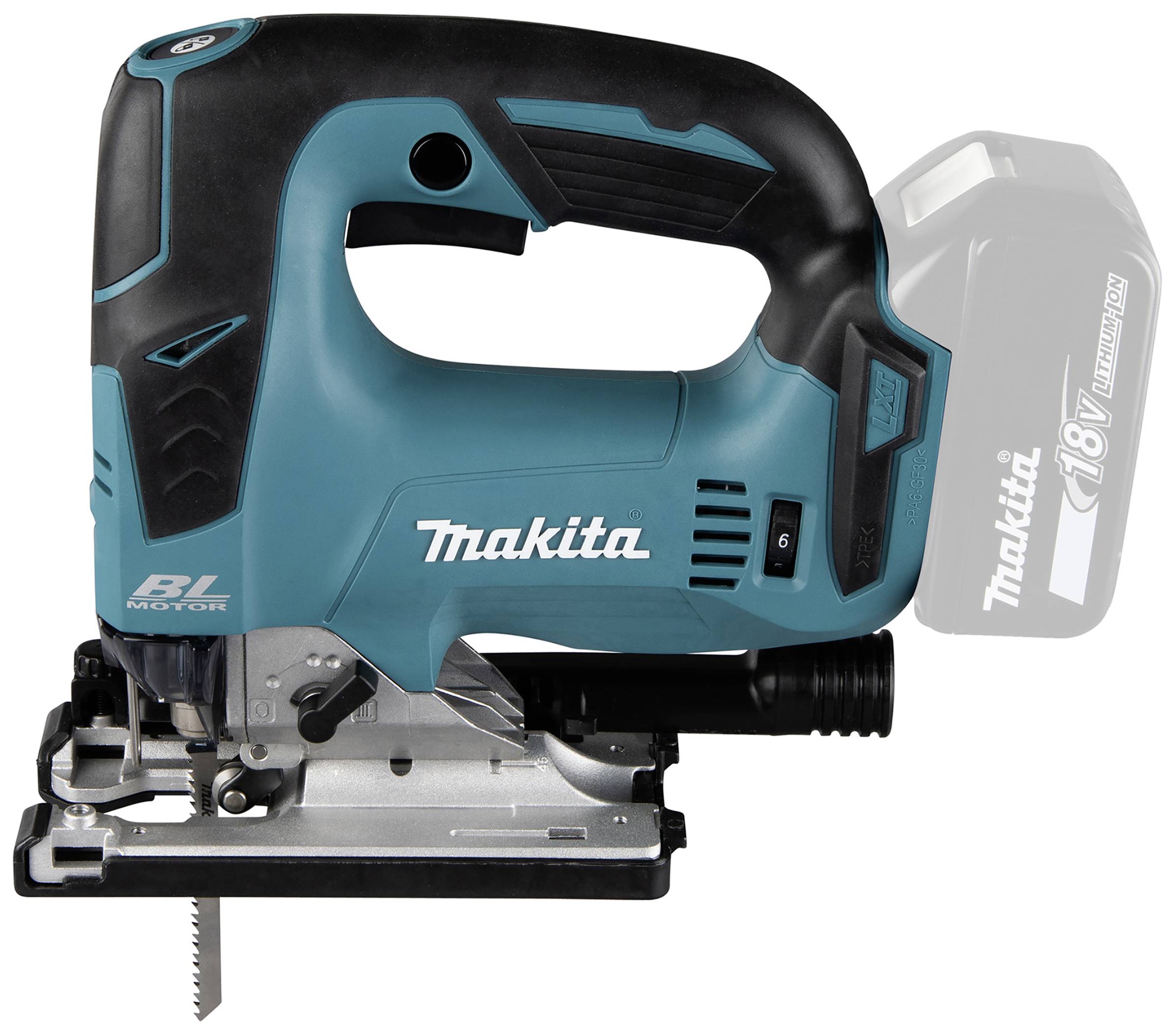 Akkustichsäge von Makita, kabelloses Modell mit 18V-Batterie, blau-schwarzes Design, geeignet für präzises Schneiden von Holz.