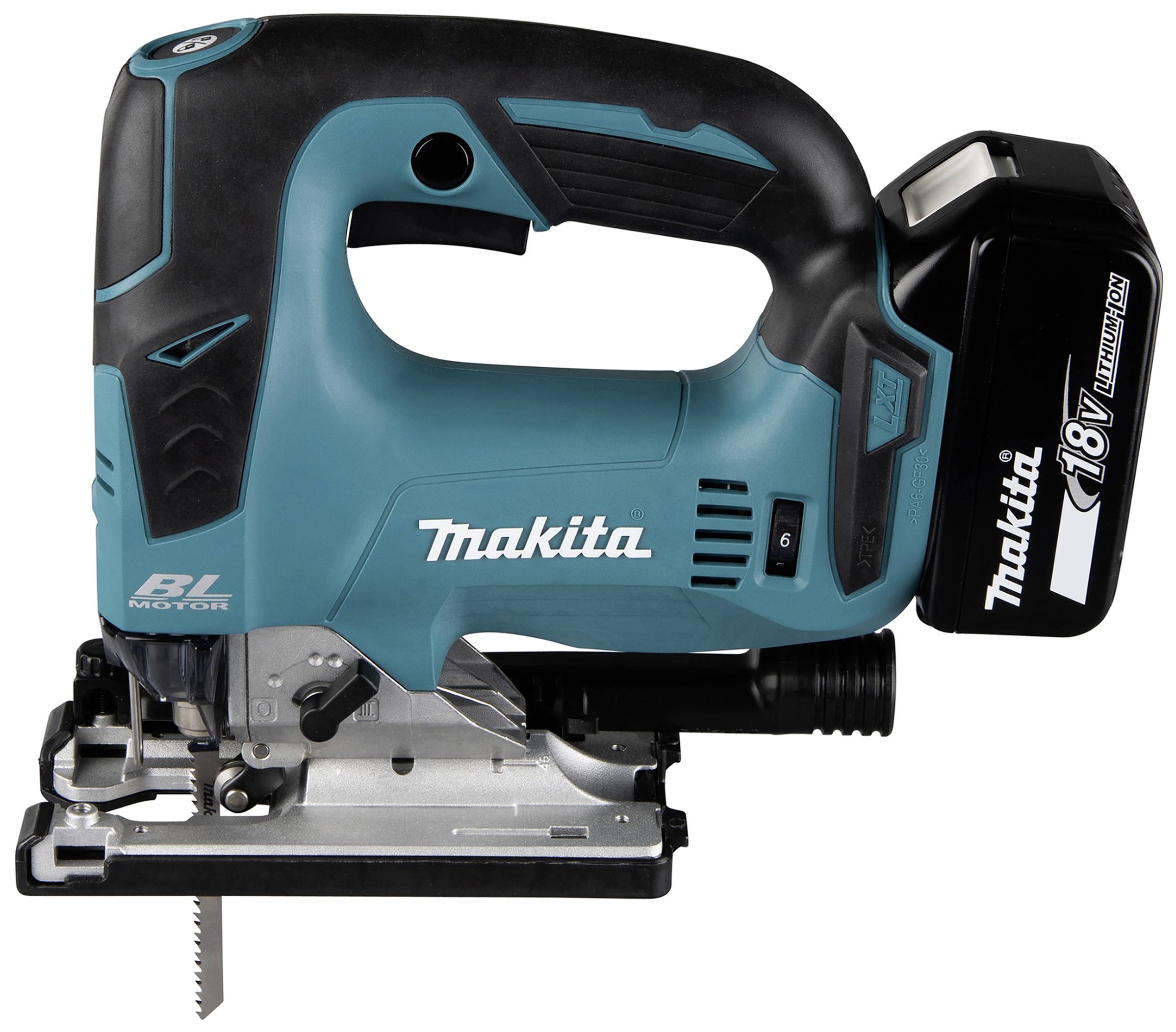 Akkustichsäge in Blau und Schwarz mit 18V Lithium-Ionen-Akku, geeignet für präzises Sägen von verschiedenen Materialien.