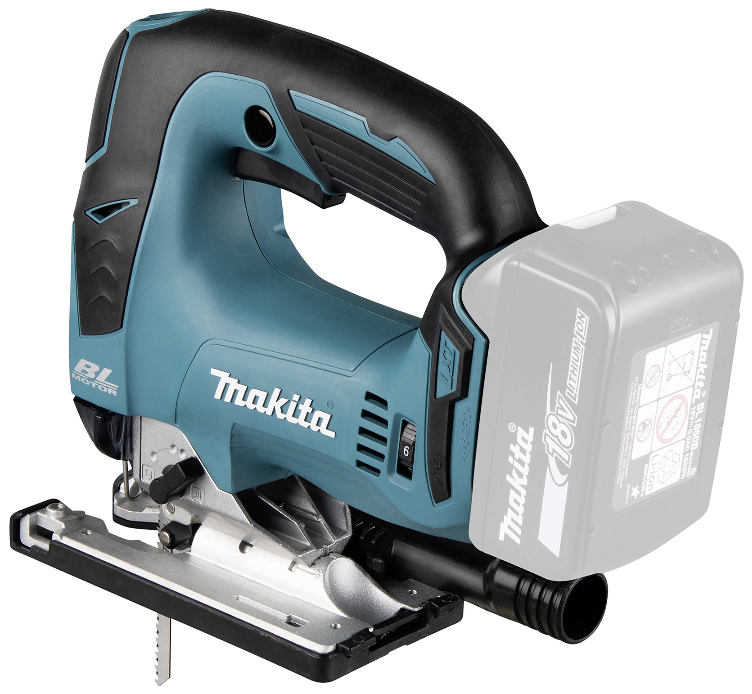 Kabellose, blaue Stichsäge mit ergonomischem Griff und 18V-Batteriefach, ideal für präzise Holzbearbeitung.