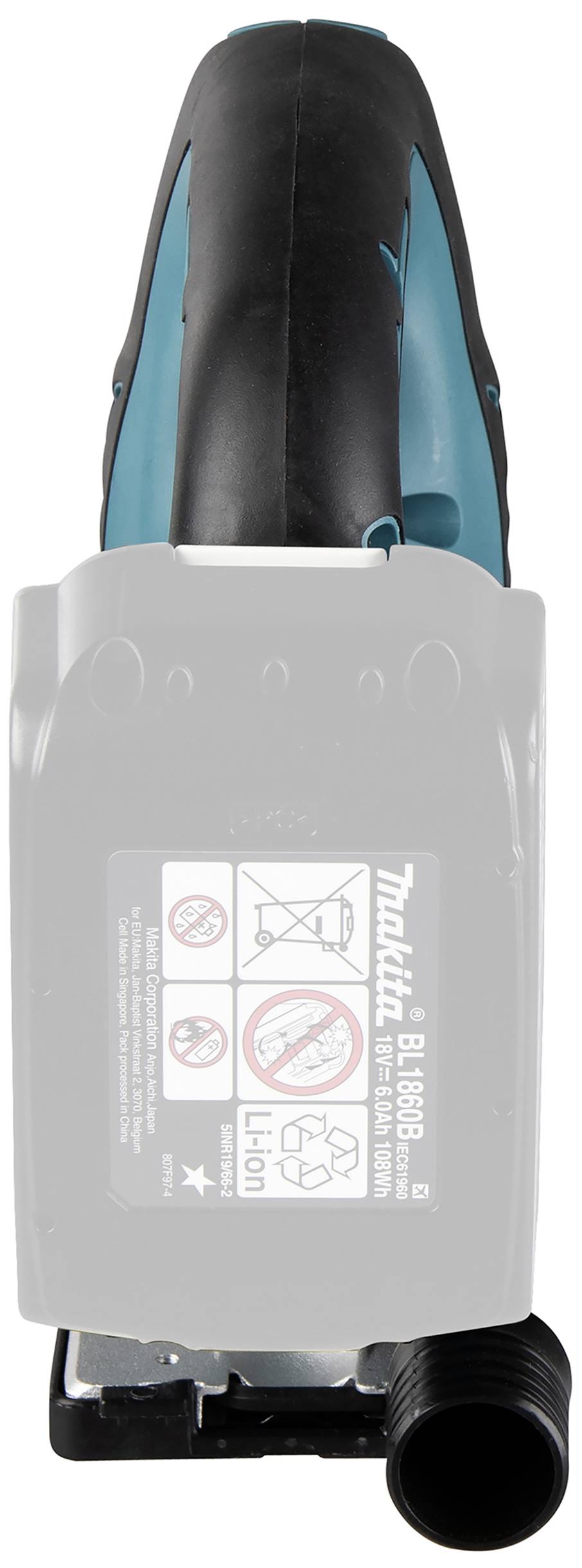 Handstaubsauger von oben mit grauem Akku, rutschfestem Griff, Modell- und Warnhinweisen auf der Batterieabdeckung.