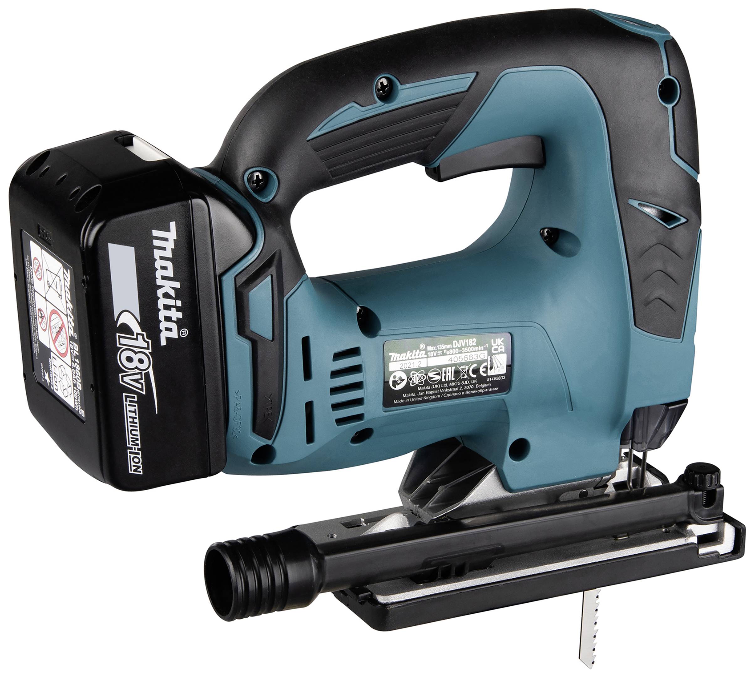 Akku-Stichsäge in Blau und Schwarz, seitliche Ansicht, mit einem 18V Akku. Sie hat einen schwarzen Griff und zeigt Bedienungsetiketten.