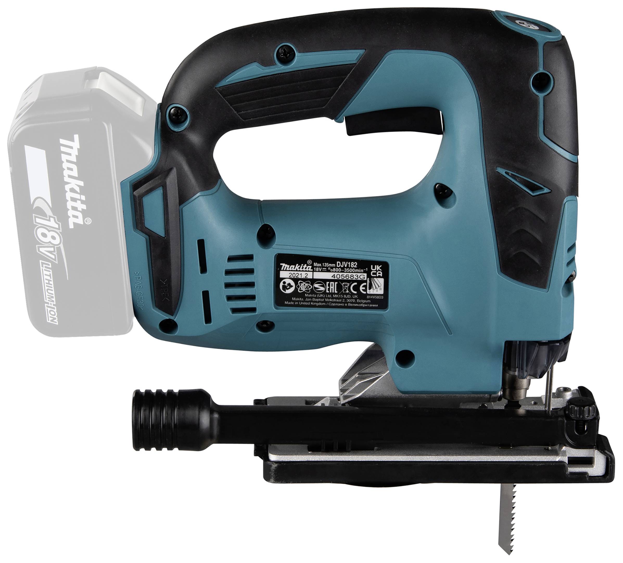 Kabellose Stichsäge in Blau mit schwarzem Griff präsentiert. Batterie seitlich angedeutet. Modell: Makita DJV182.