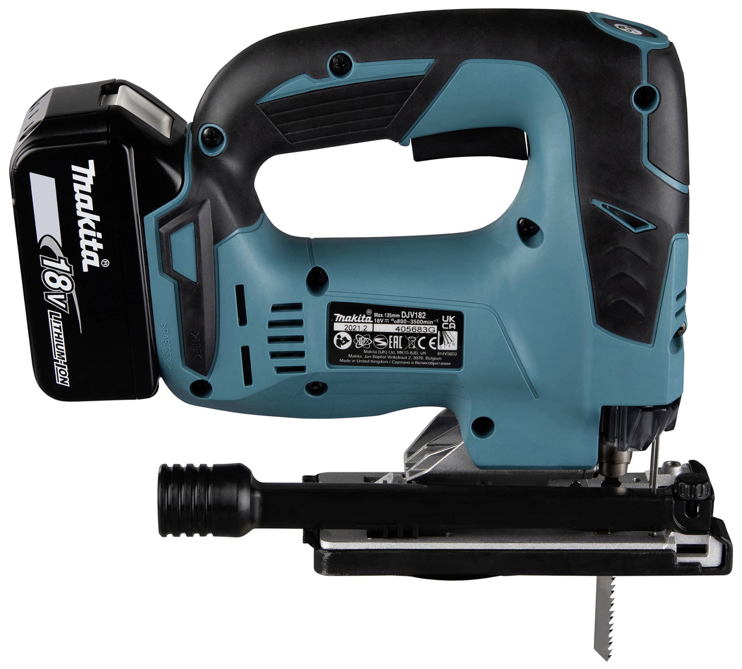 Eine kabellose Stichsäge der Marke Makita mit 18V Akku, geeignet für präzises Sägen in Holz und Metall, ergonomisches Design.